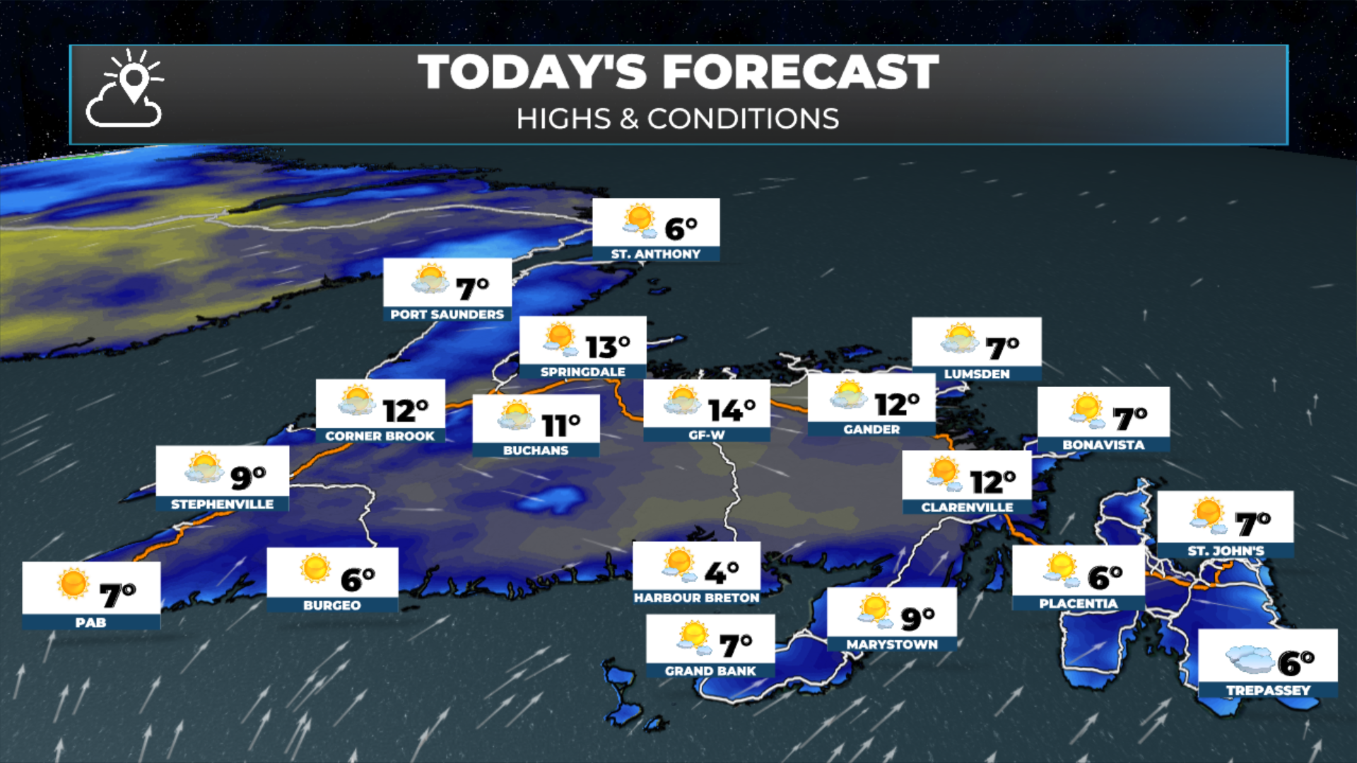 The expected highs and conditions for Newfoundland today, April 28, 2026.