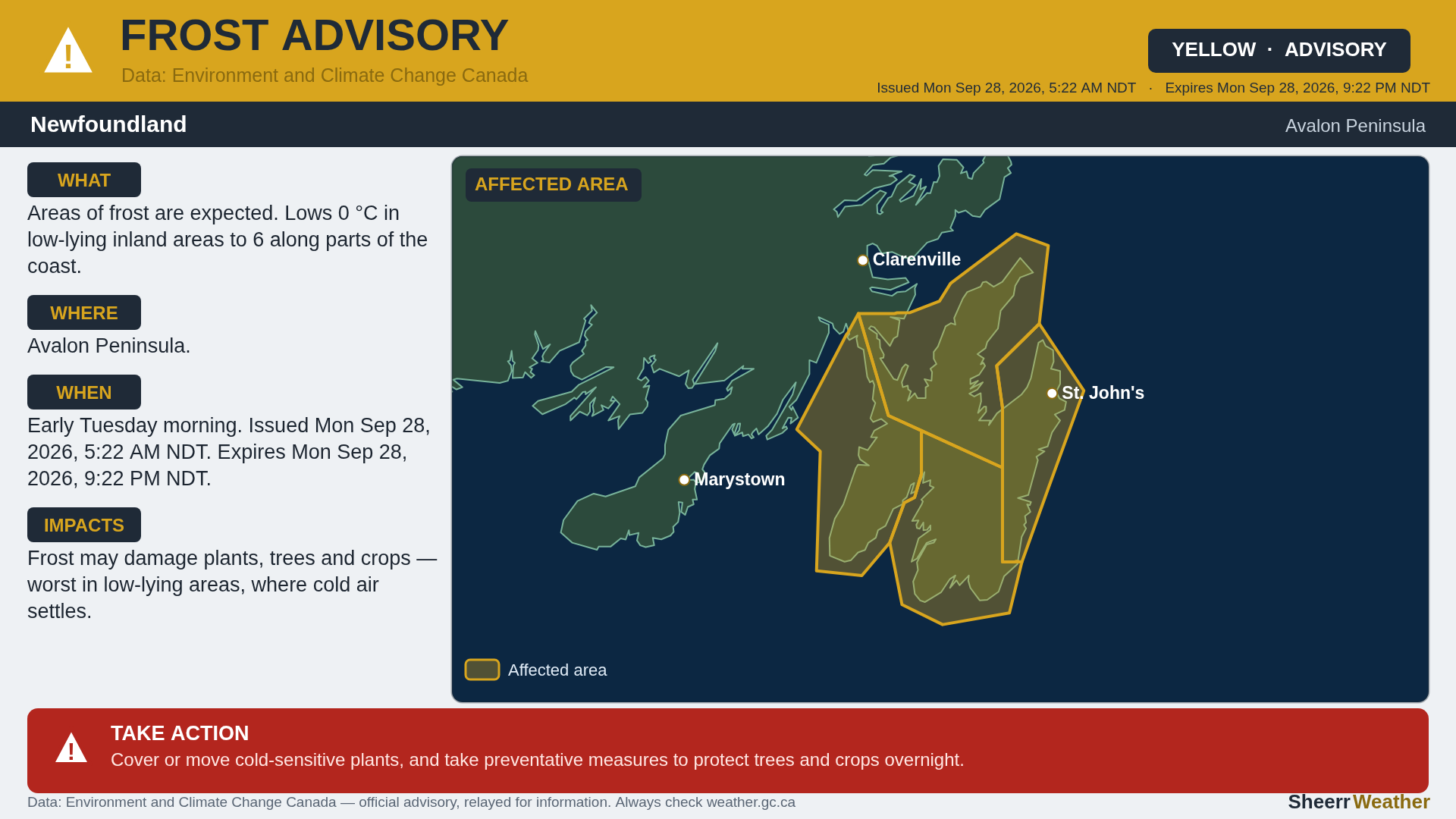 Frost Advisory in effect for the Avalon Peninsula tonight (Sep 28-29, 2026).