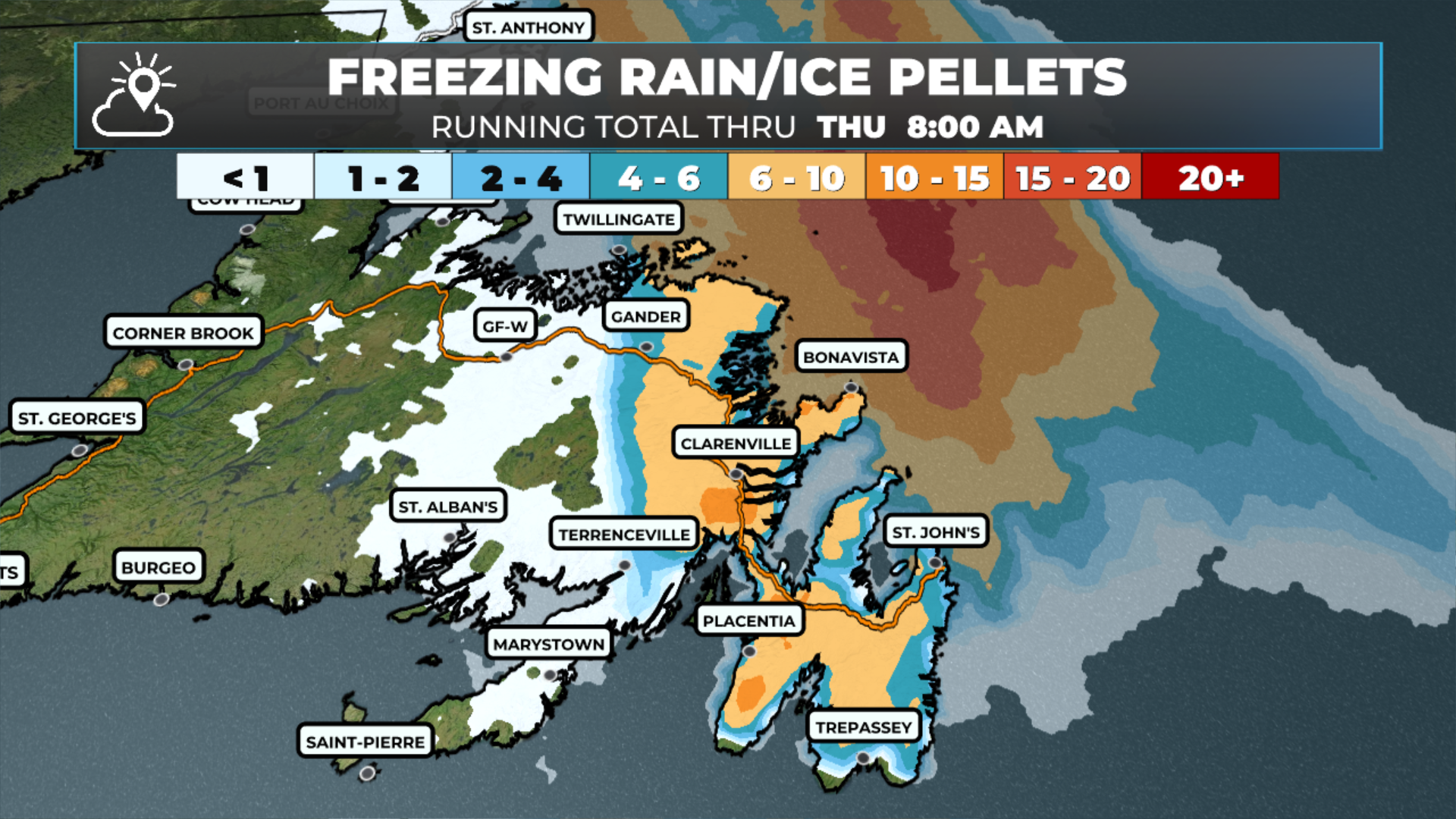Freezing rain amounts between later today and 12 PM Thursday
