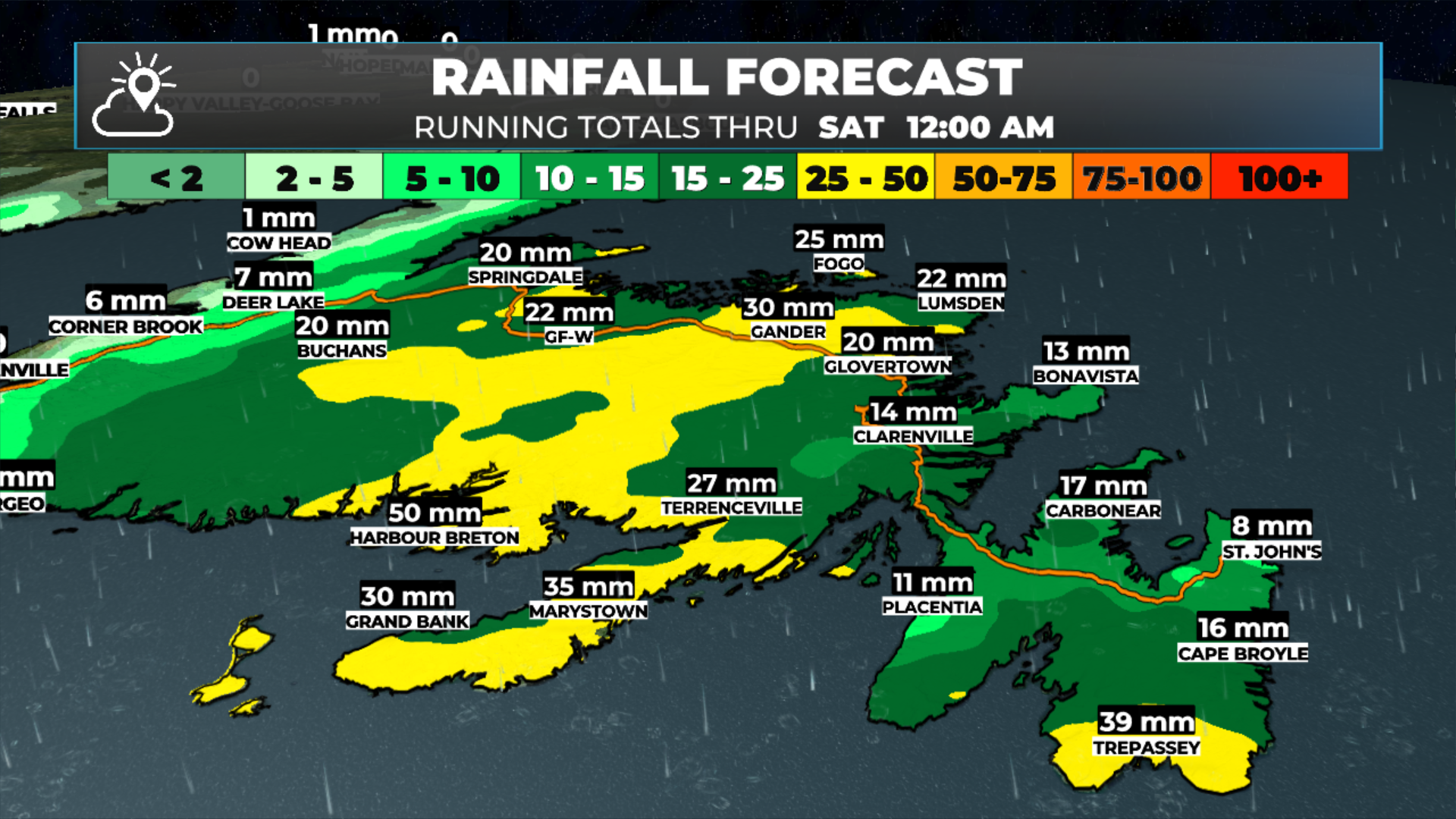 The Rainfall forecast from this morning at 6 AM until 12 AM Saturday