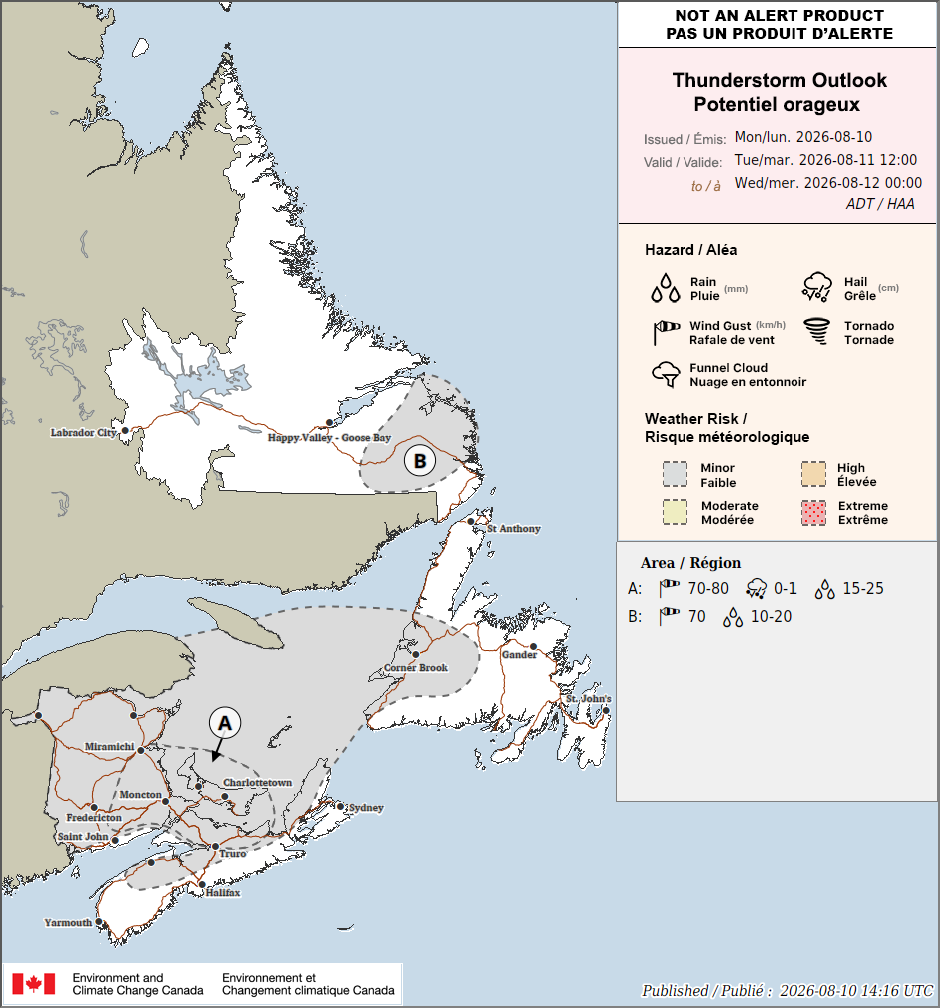 Today’s thunderstorm risk analysis from Environment and Climate Change Canada. August 11, 2026
