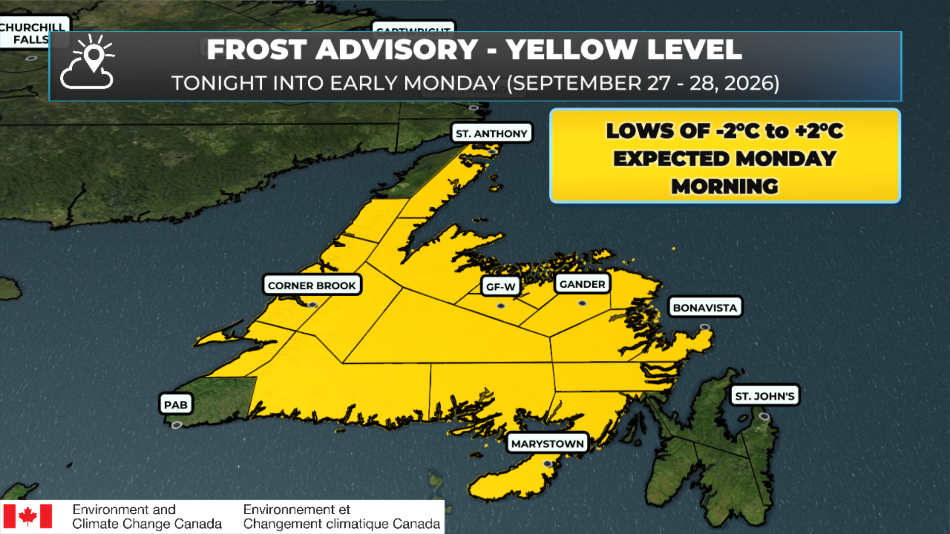 Frost Advisory for Newfoundland on the night of September 27 into 28, 2026
