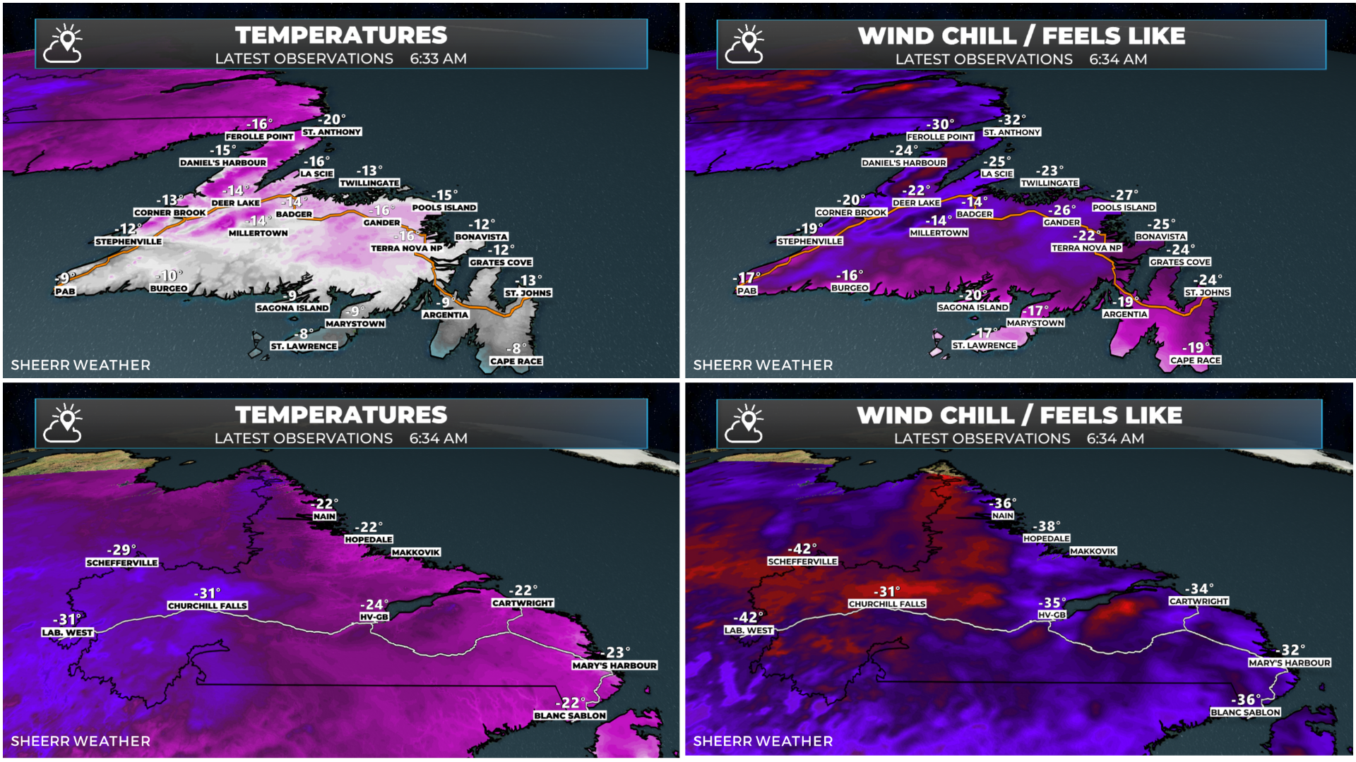 Temperatures and wind chills as of 6:36 AM NST.