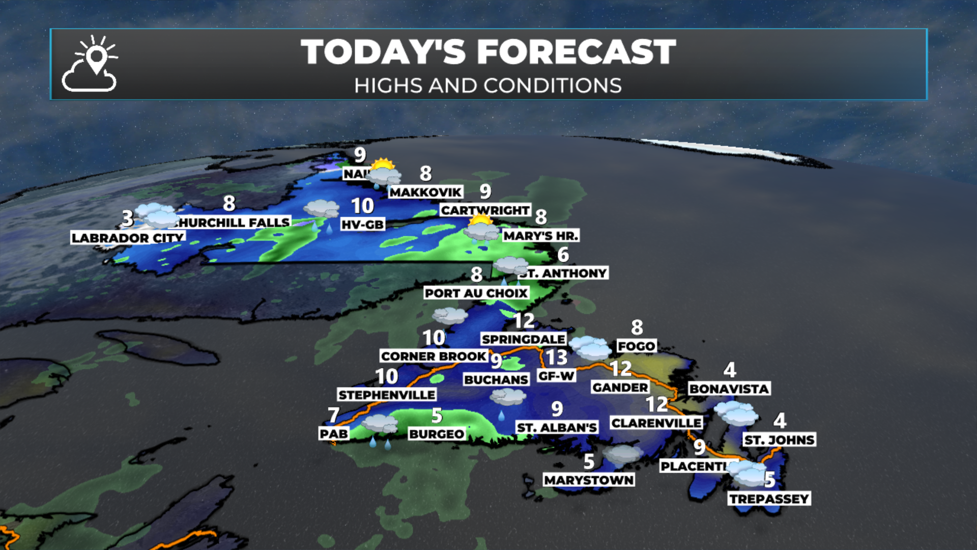 Today’s highs and conditions, on average, for Newfoundland and Labrador (May 11, 2026).