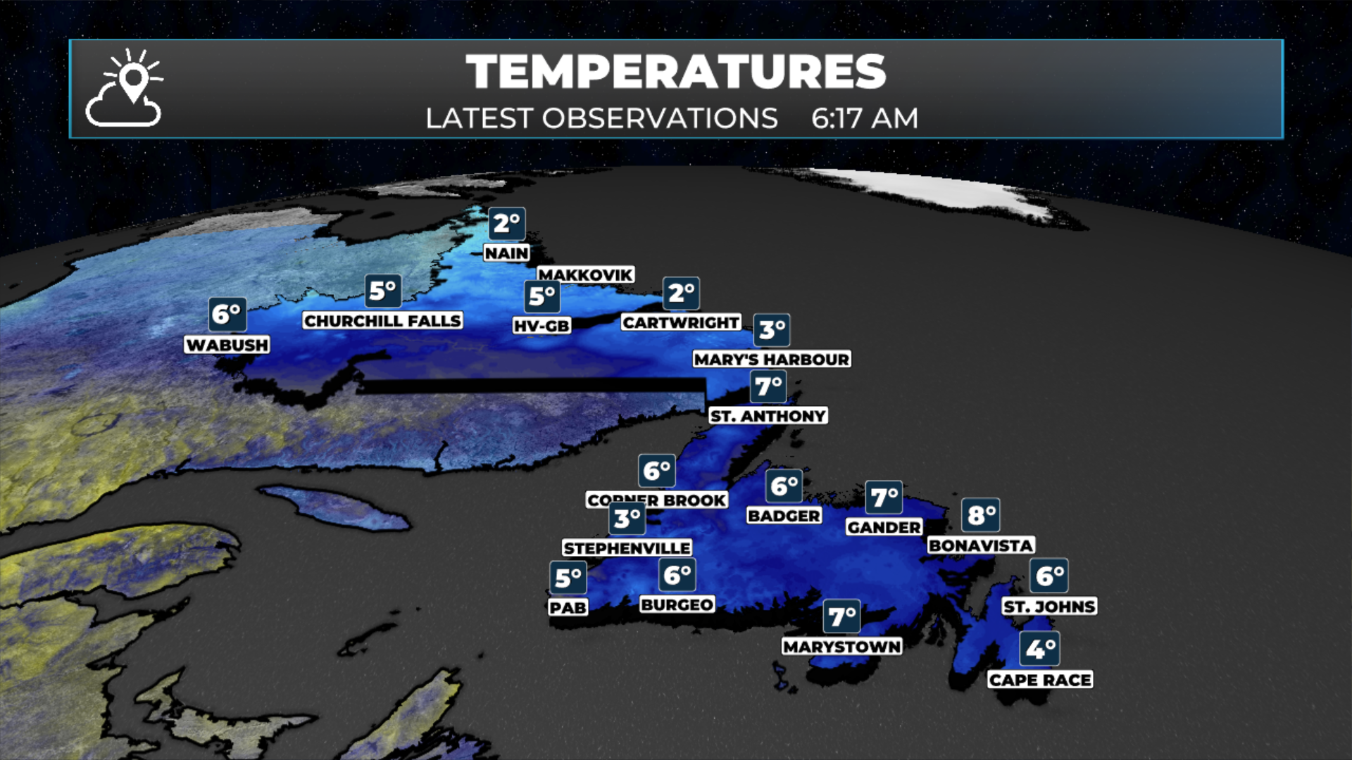 Temperatures as of 6:17 AM NDT (5:47 AM ADT)
