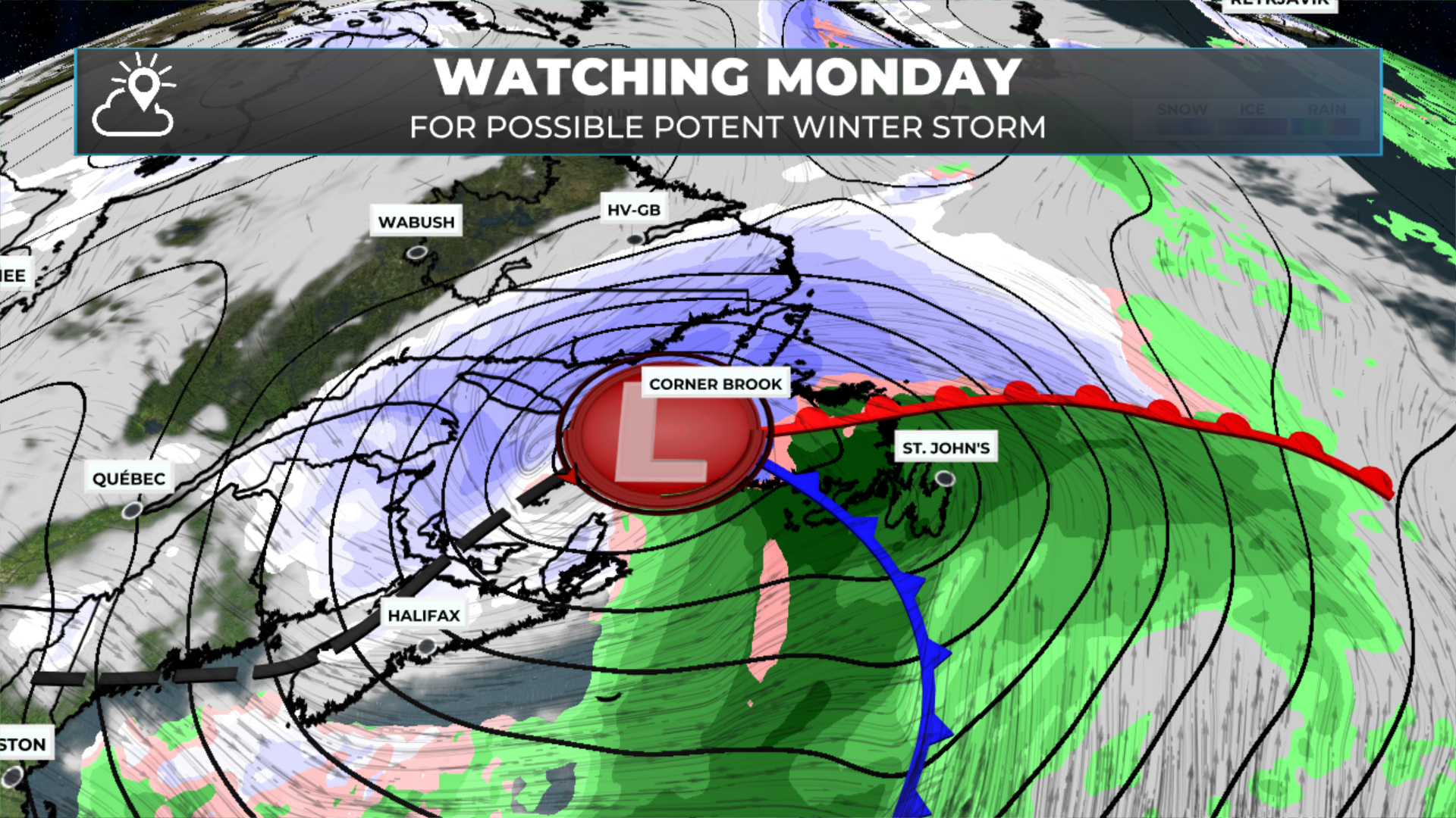 The setup for early next week with the incoming winter storm that should bring snow, ice, rain and wind to NL.