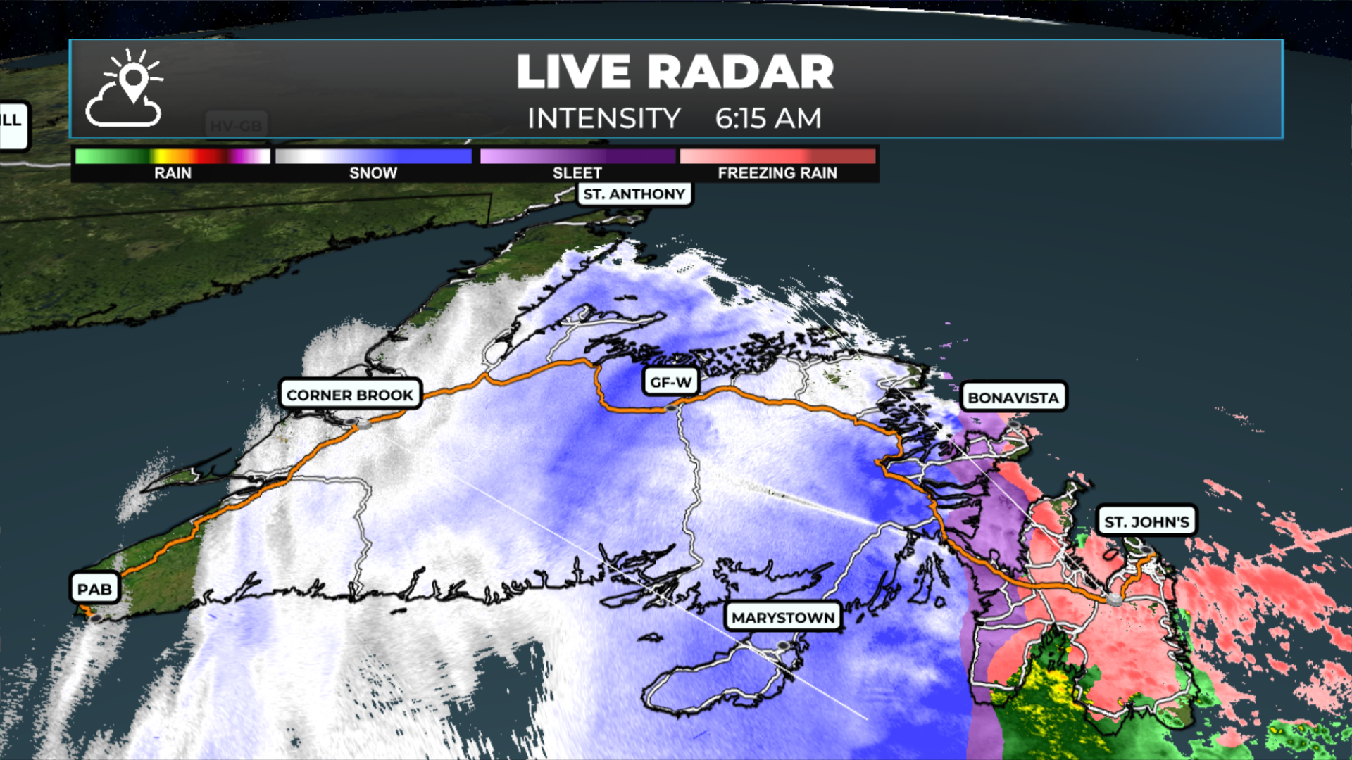 A radar snapshot from 6:15 AM showing the snow, ice and freezing rain across Newfoundlnad.