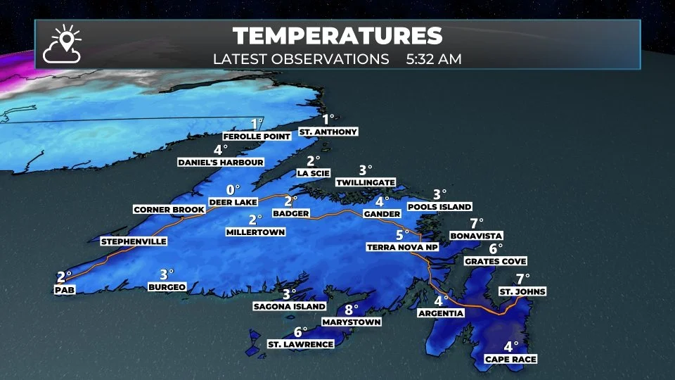 Temperatures as of 5:32 AM NST on January 15, 2026.