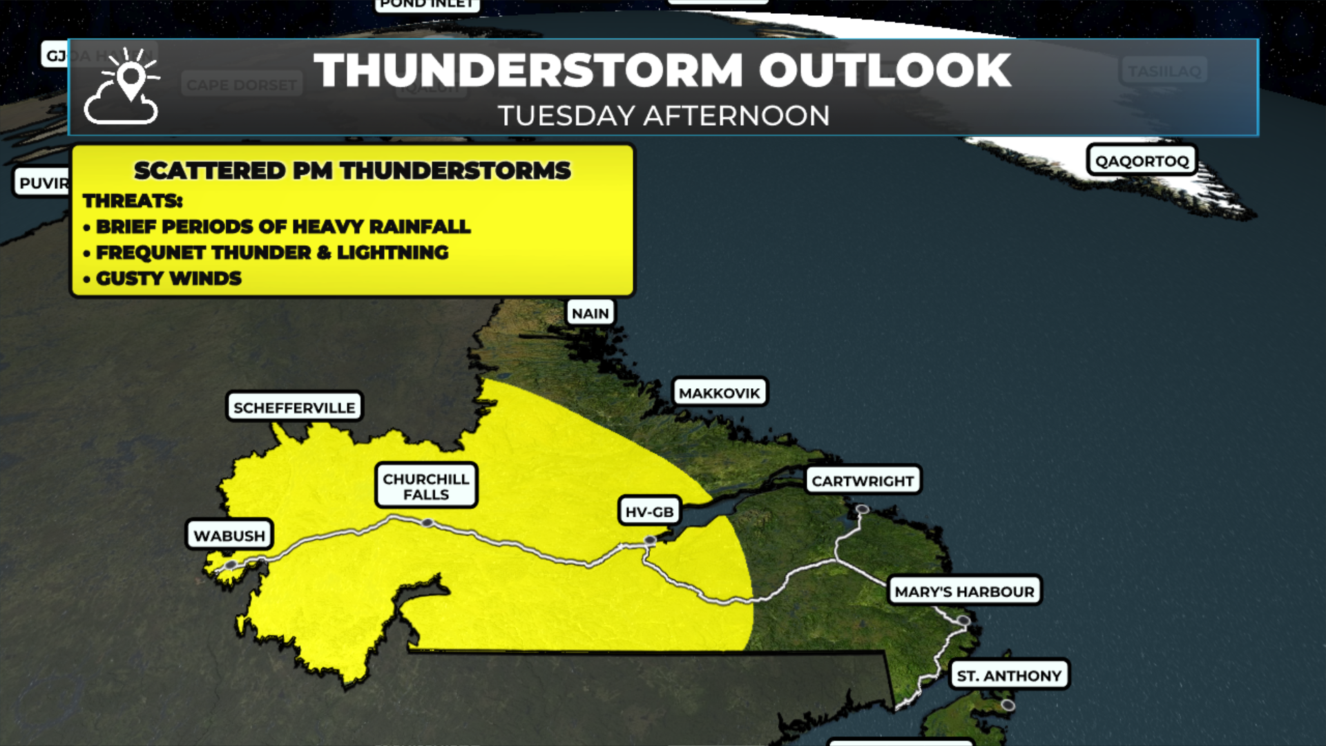 Today’s thunderstorm risk in Labrador - June 23, 2026.