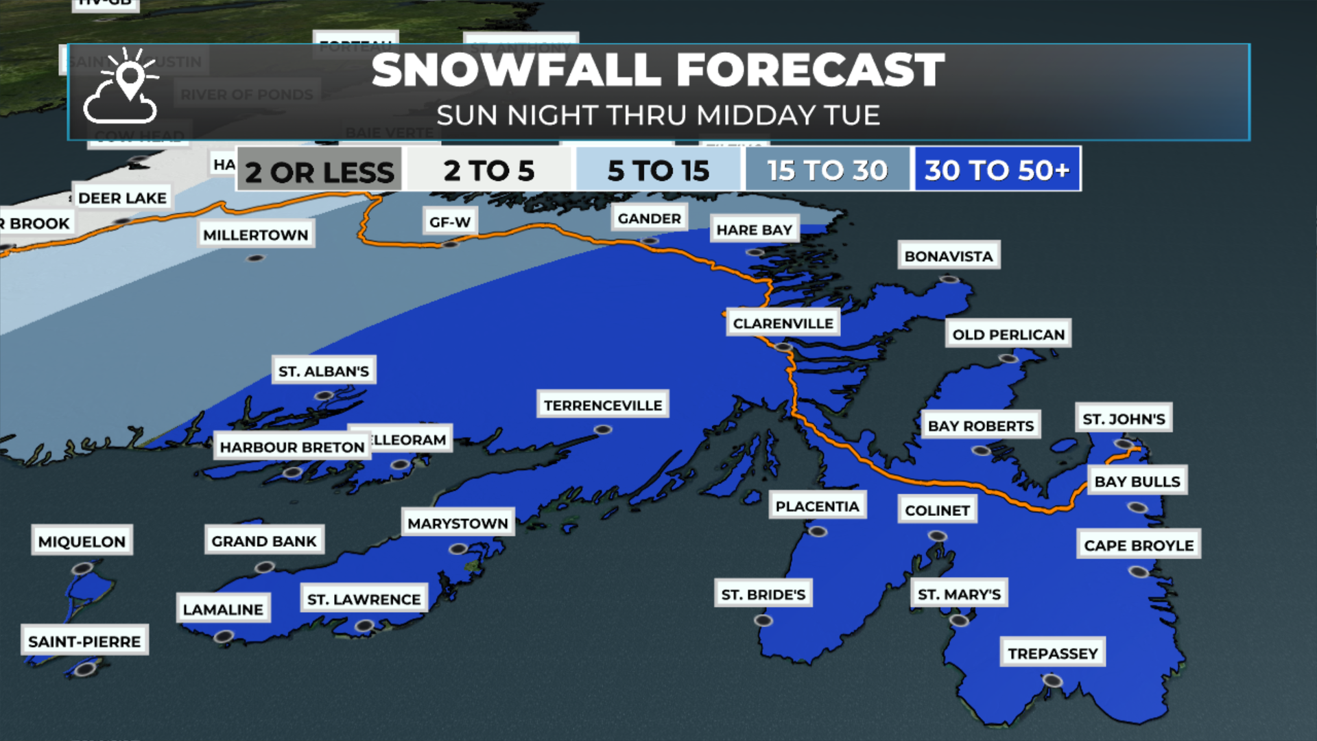 Today’s snowfall forecast for eastern Newfoundland - Feb 2 to early on Feb 3, 2026.