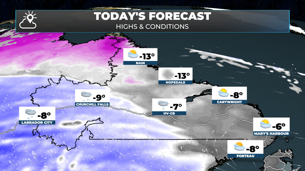 Labrador's forecast (high temperatures and conditions) for today; March 16, 2026.
