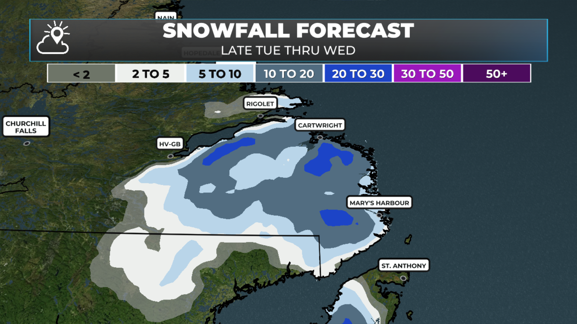 Expected snowfall from tonight through Wednesday (May 13, 2026).