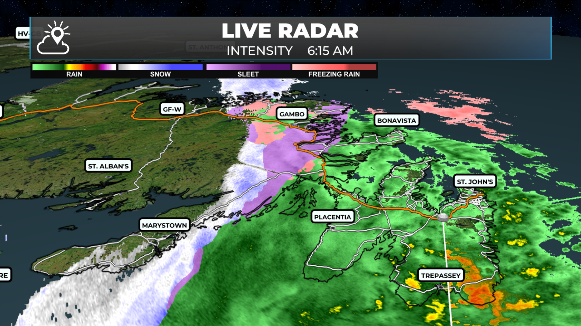 Radar Image from 6:15 AM NDT showing rain and frozen precipitation over eastern Newfoundland.