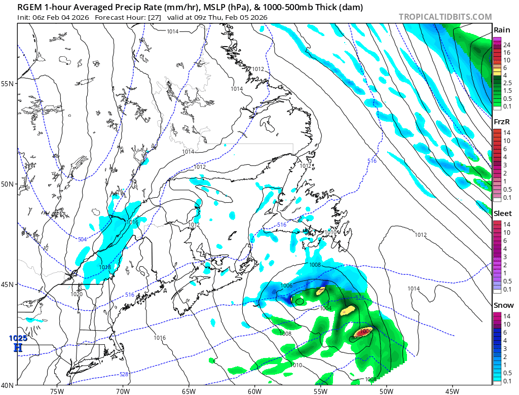 A loop of of the RDPS model showing how the weather plays out between Thursday and Friday (Feb 5 - 6, 2026)