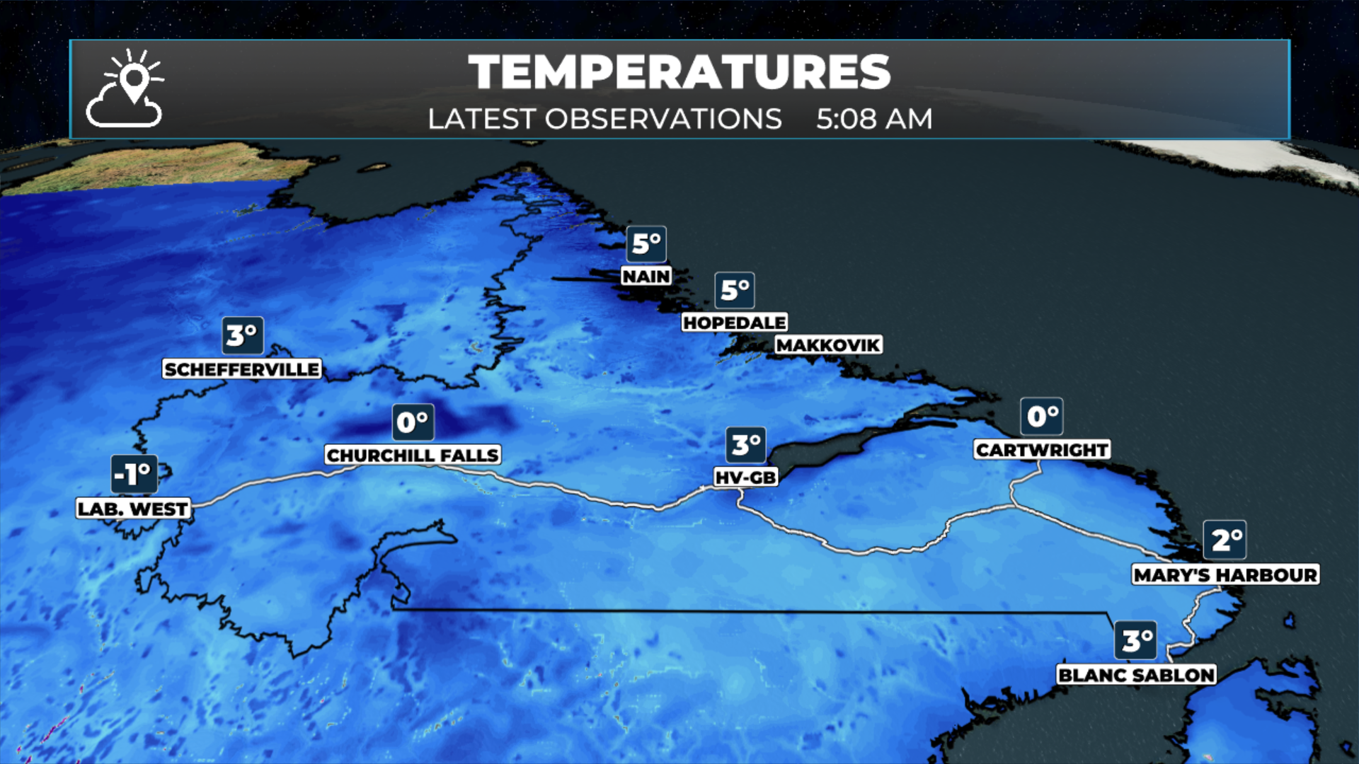Temperatures in Labrador as of 5 AM ADT on September 9, 2026.