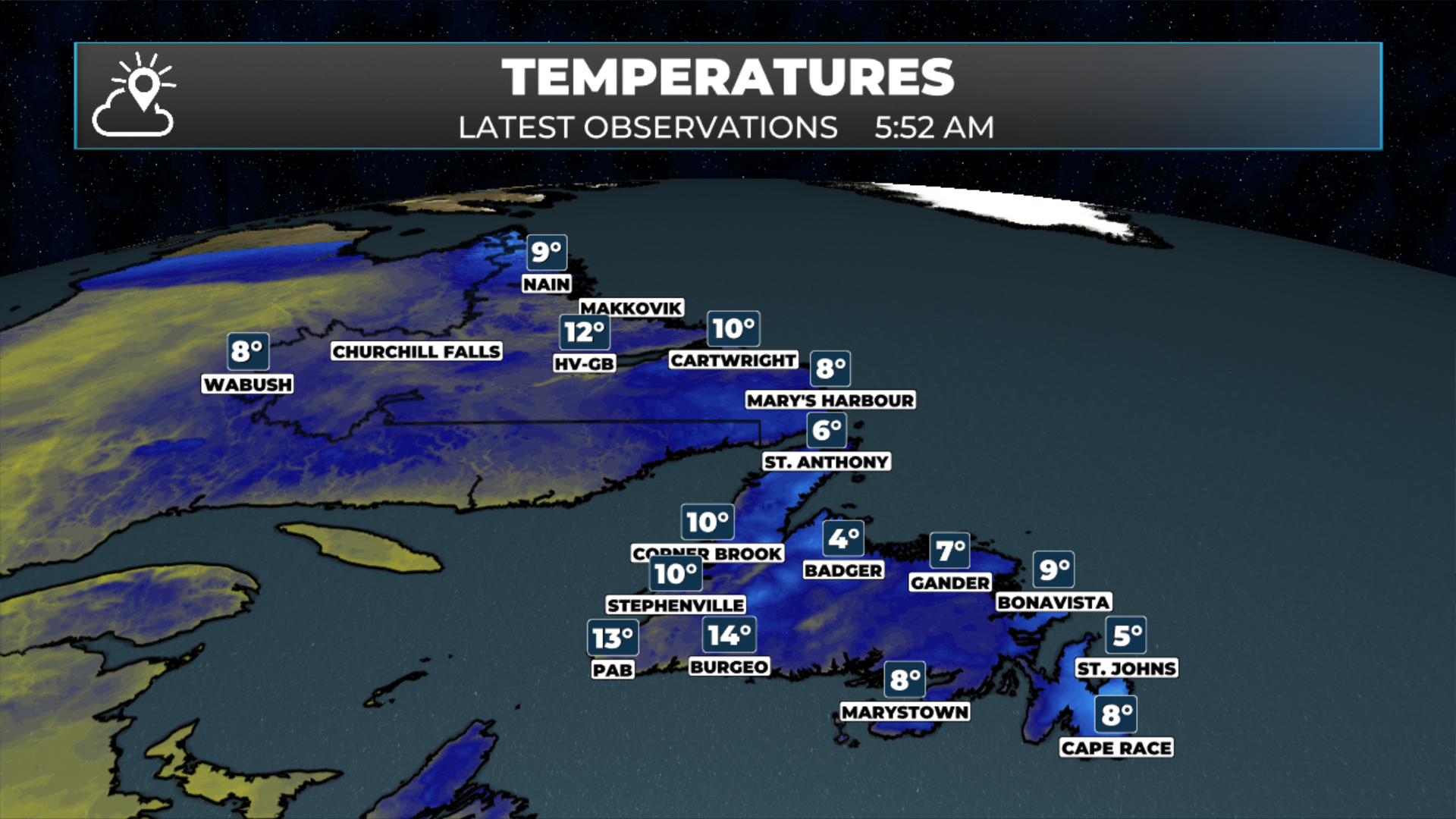 Province-wide observed temperatures as of 5:52 AM NDT (September 10, 2026).