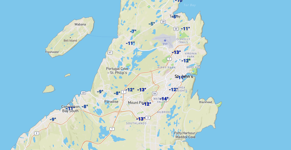 Temperatures as of just before 6 AM across the St. John's Metro area.