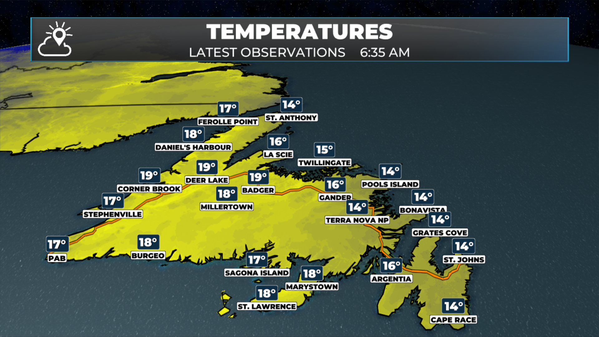 Temperatures across Newfoundland observed at 6:35 AM NDT on August 20, 2026.