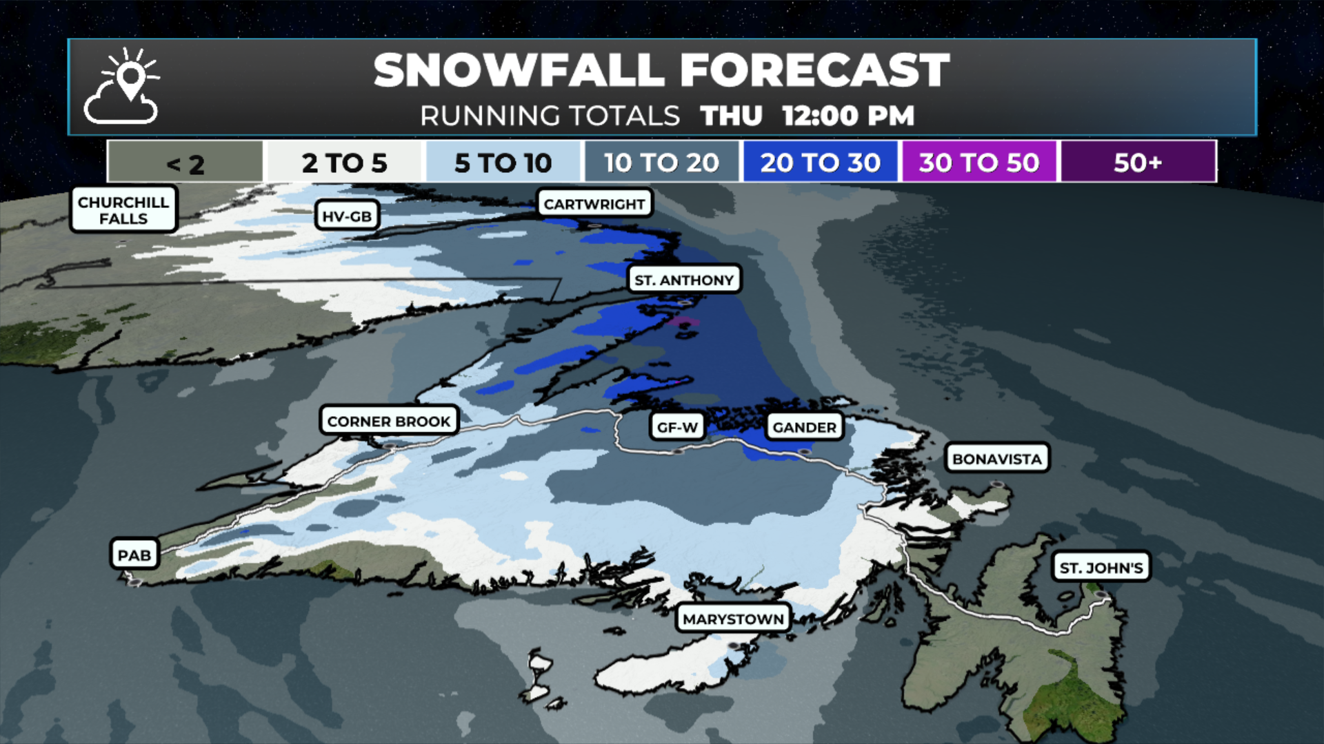Snowfall forecast from later today through Thursday at 12 PM.