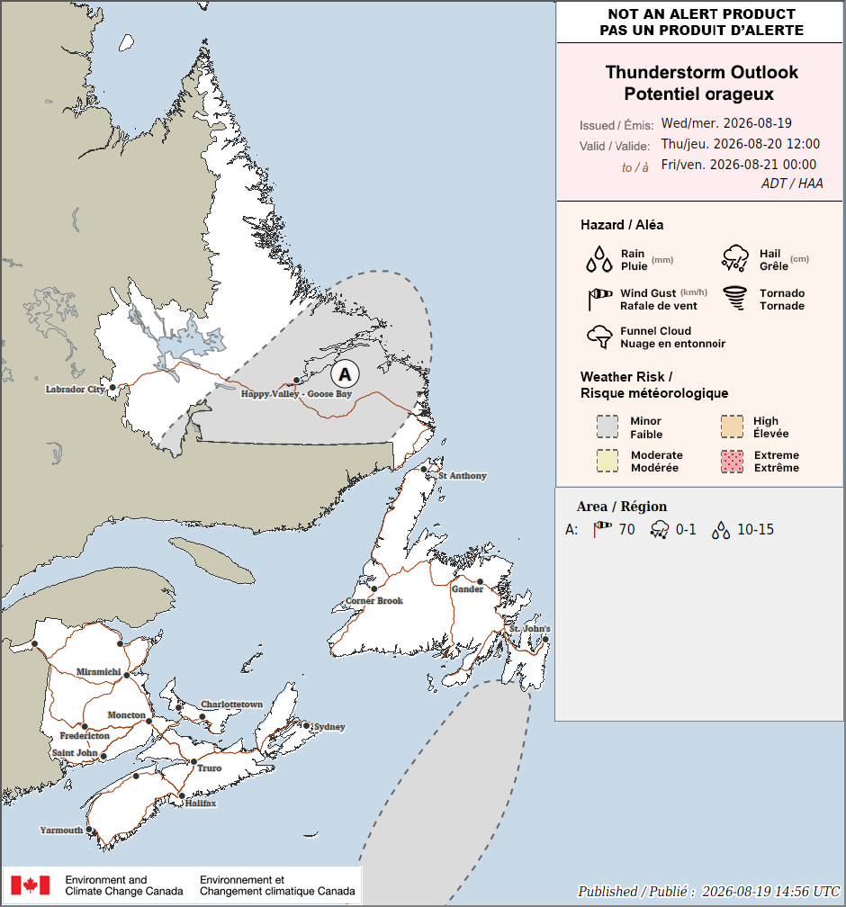 Today's thunderstorm risk and hazards. Source: Env. and Climate Change Canada.