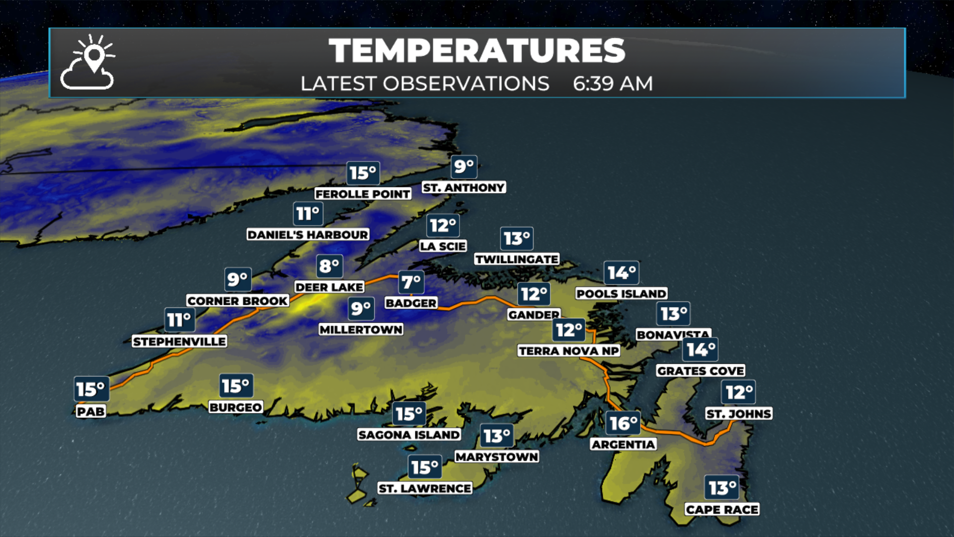 Temperatures across Newfoundland at 6:39 AM NDT on August 17, 2026