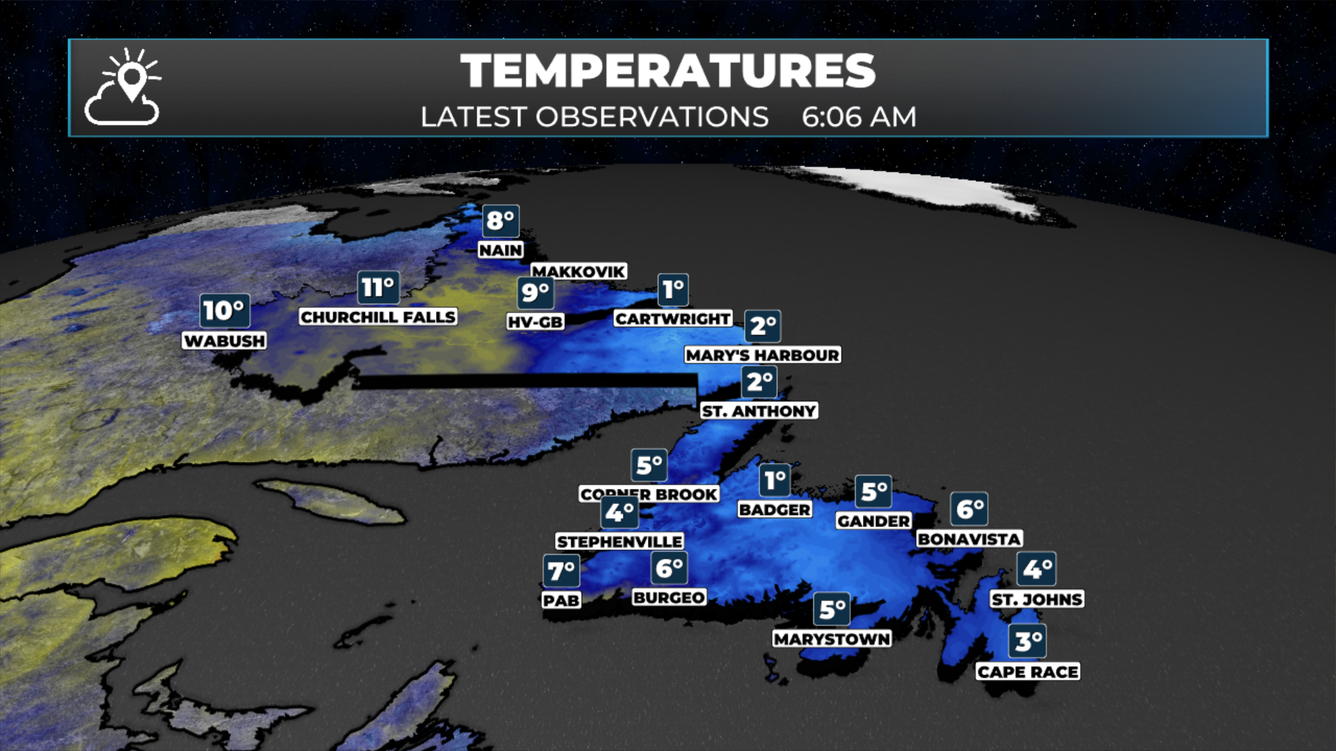 NL Temps as of 6:06 AM NDT (5:36 ADT) on June 9, 2026.