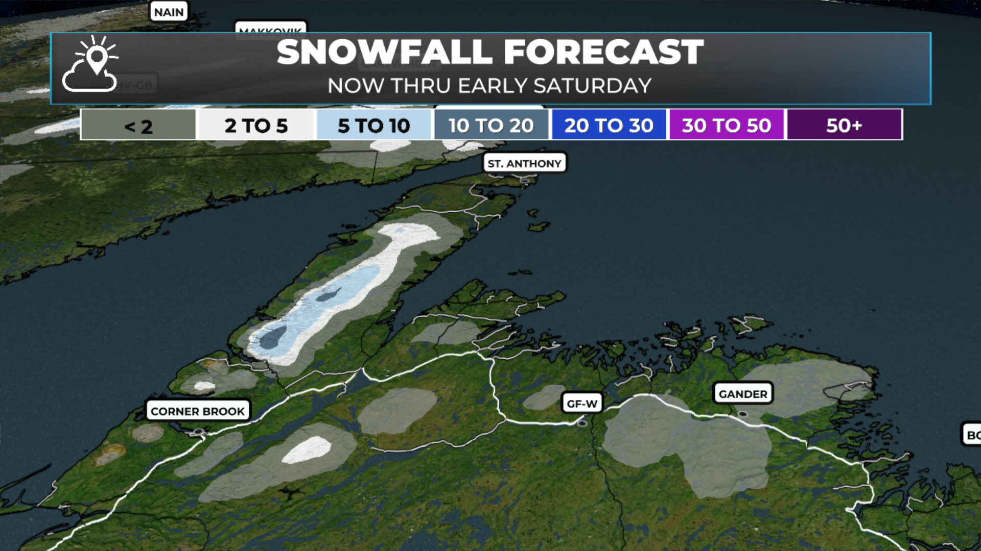 Expected snowfall between later today and early Saturday morning - May 22, 2026 into May 23.