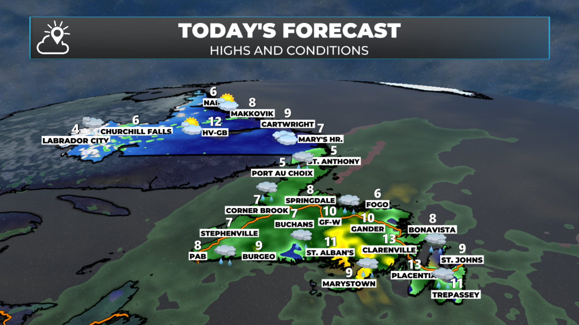 NL's expected highs and conditions for today. May 12, 2026.
