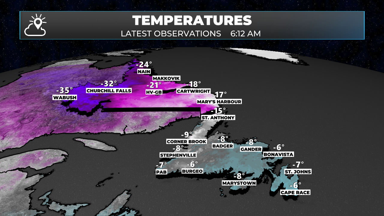 Observed temperatures across NL as of 6:12 AM NDT