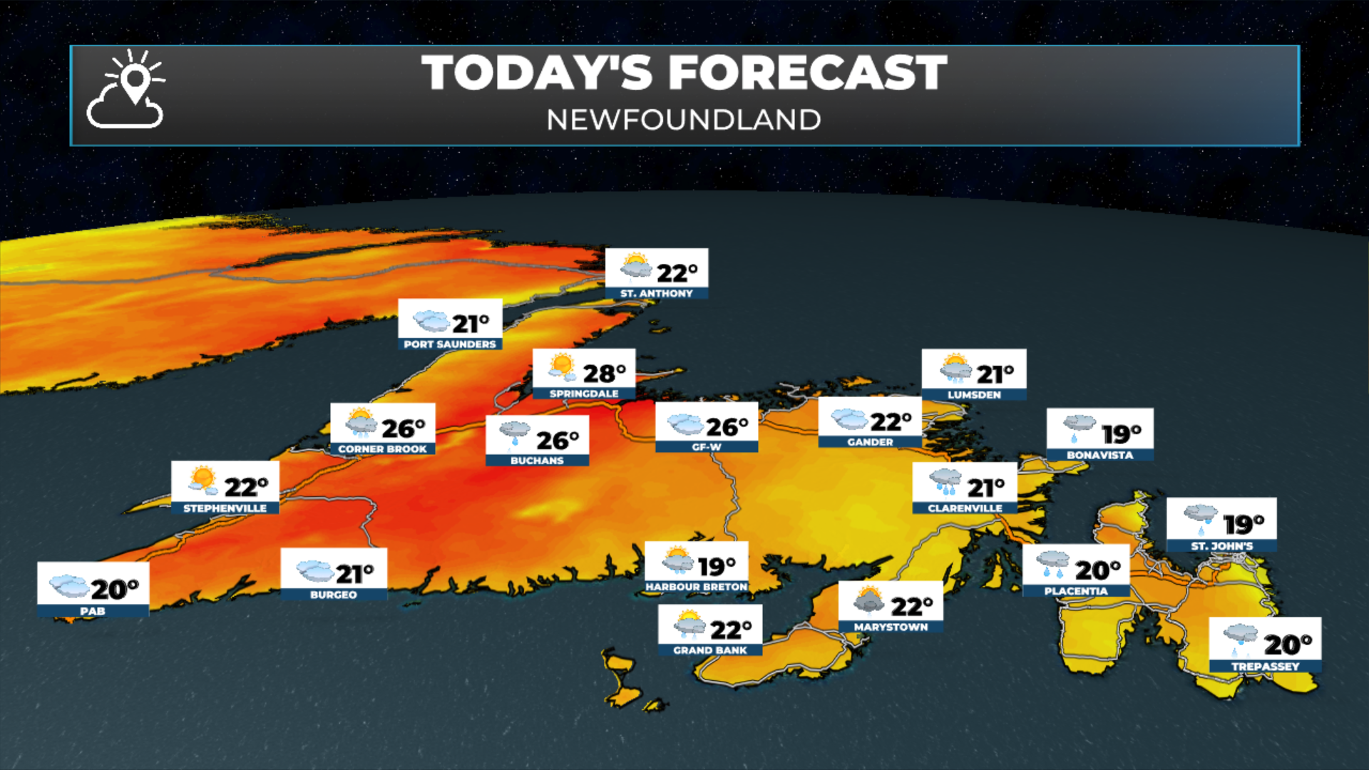 Newfoundland's forecast for today - August 20, 2026.