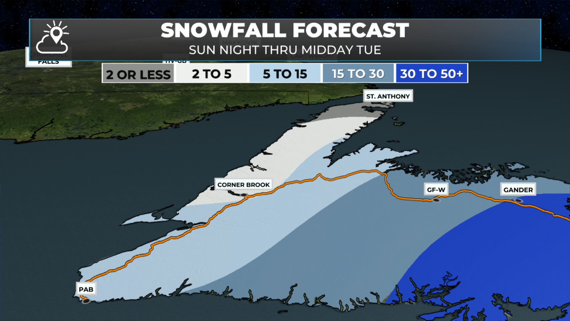 Today’s snowfall forecast for southern/western/ the GNP of Newfoundland - Feb 2 to early on Feb 3, 2026.