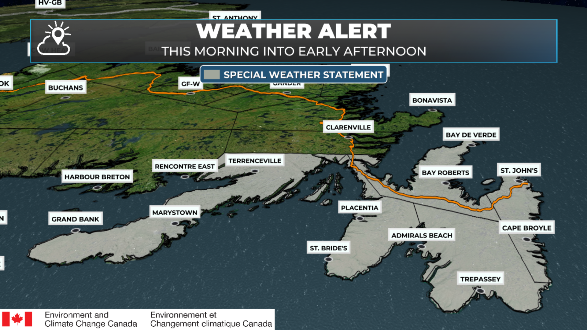 A Special Weather Statement is in effect until alter this morning for the Avalon and Burin Peninsulas for 5 to 10 cm of snow and briefly intense snowfall rates.