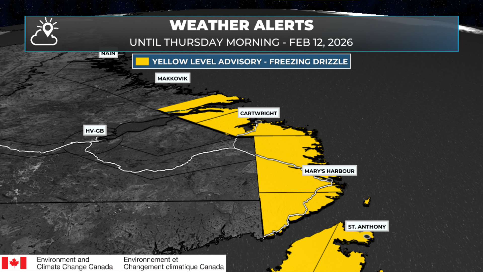 A level level advisory for freezing drizzle is in effect for southeast Labrador from tonight until Thursday afternoon (Feb 12, 2026)