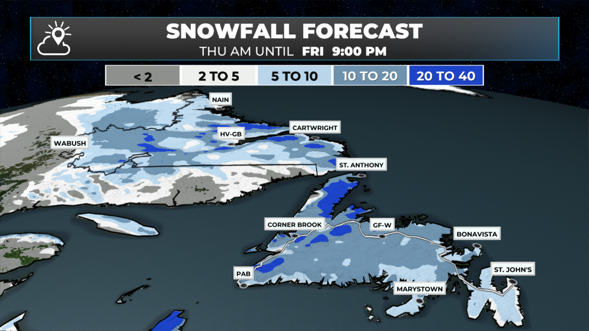 Snowfall forecast from Thursday morning until Friday evening (Feb 12 - 13,  2026)