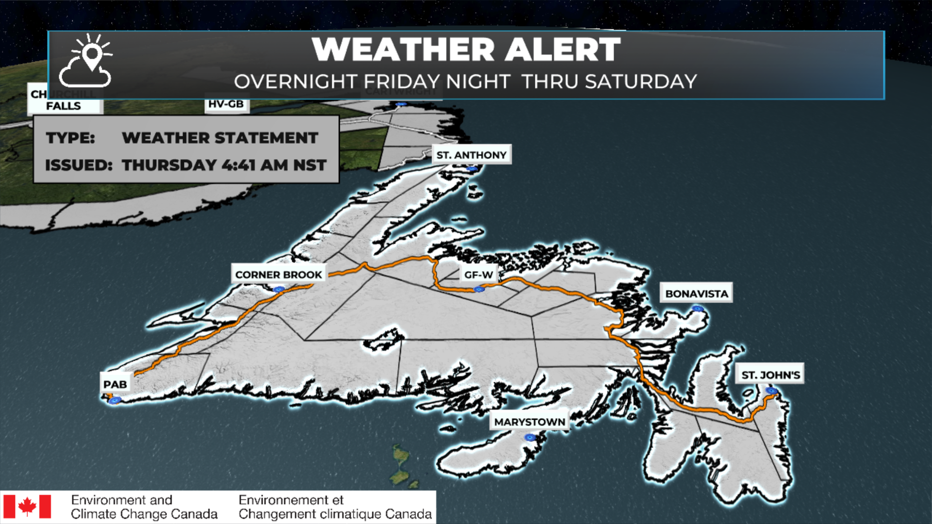 Special Weather Statement issued by Environment Canada for Newfoundland early in the morning on December 18, 2025.
