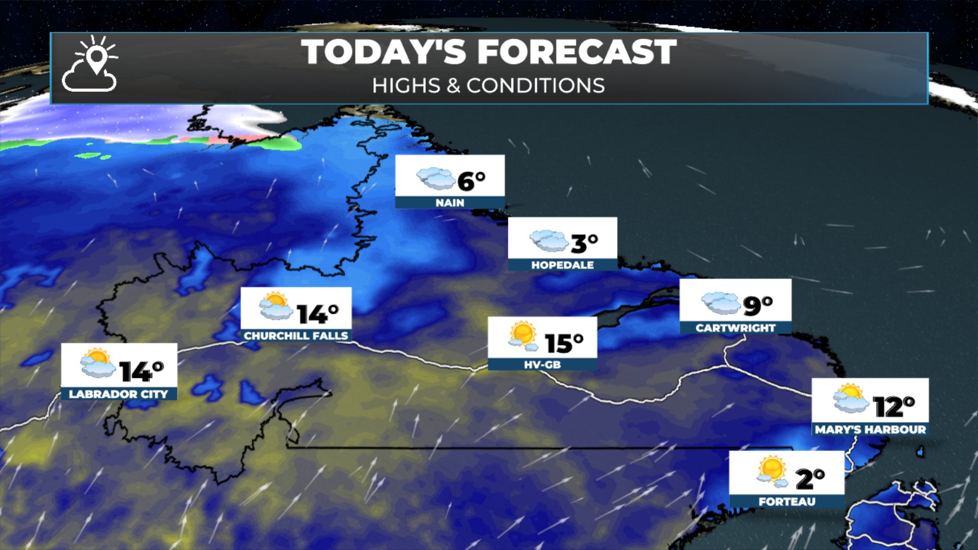 The expected highs and conditions for Labrador today, April 28, 2026.