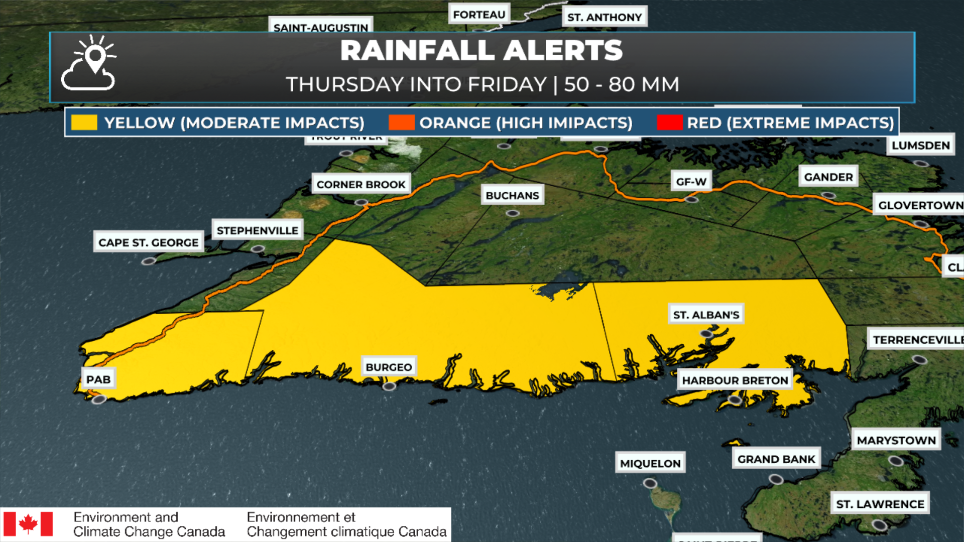 Yellow Warning - Rainfall for southern areas of Newfoundland, west of the Burin Peninsula.