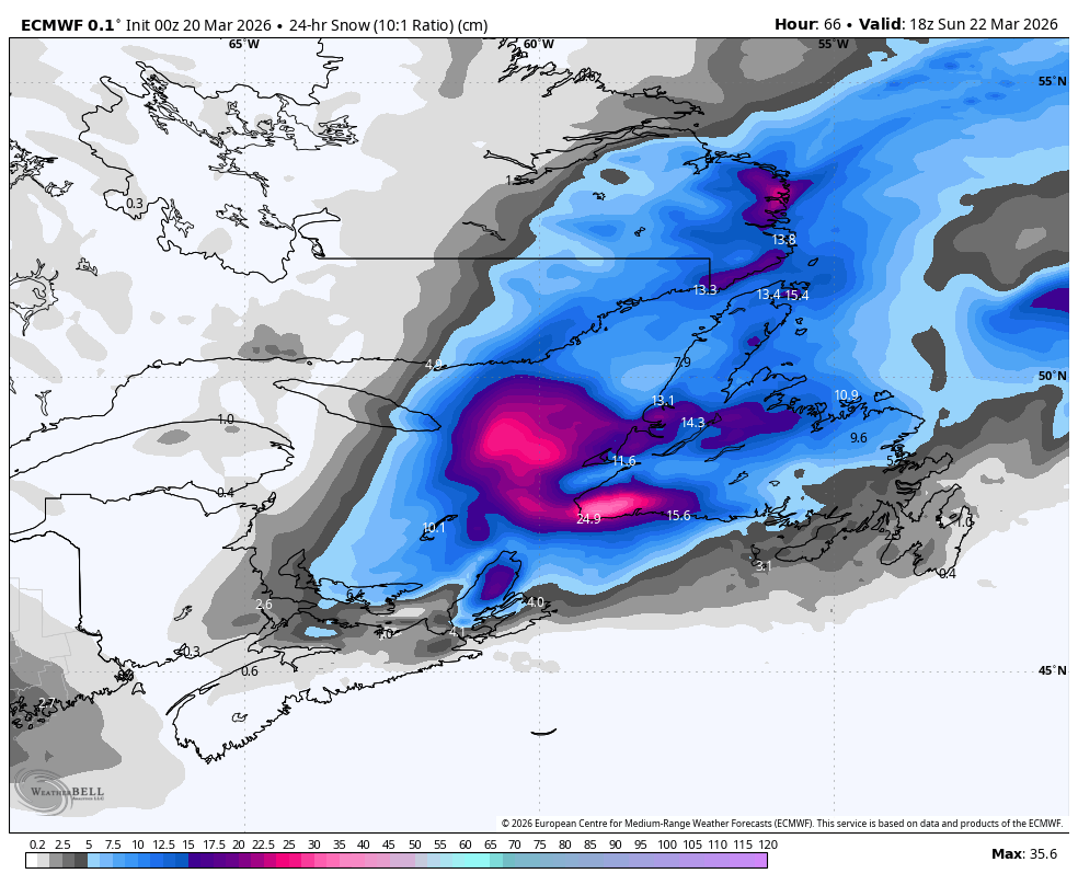 The snowfall forecast for 24 hours starting at 3:30 PM on March 21, 2026