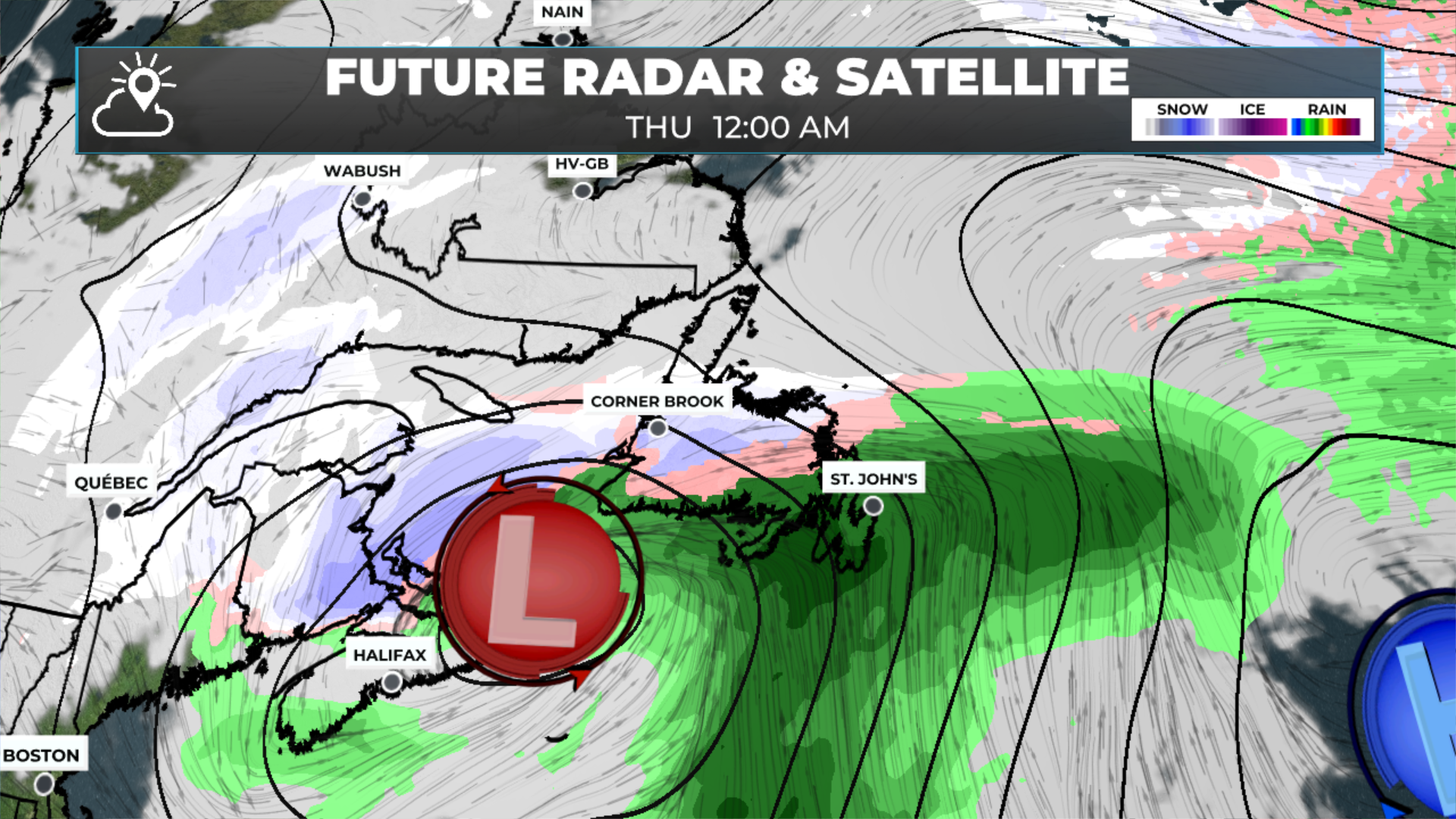 The weather pattern setup for midnight tomorrow night (Wednesday (Jan 7, 2026) into Thursday (Jan 8, 2026).