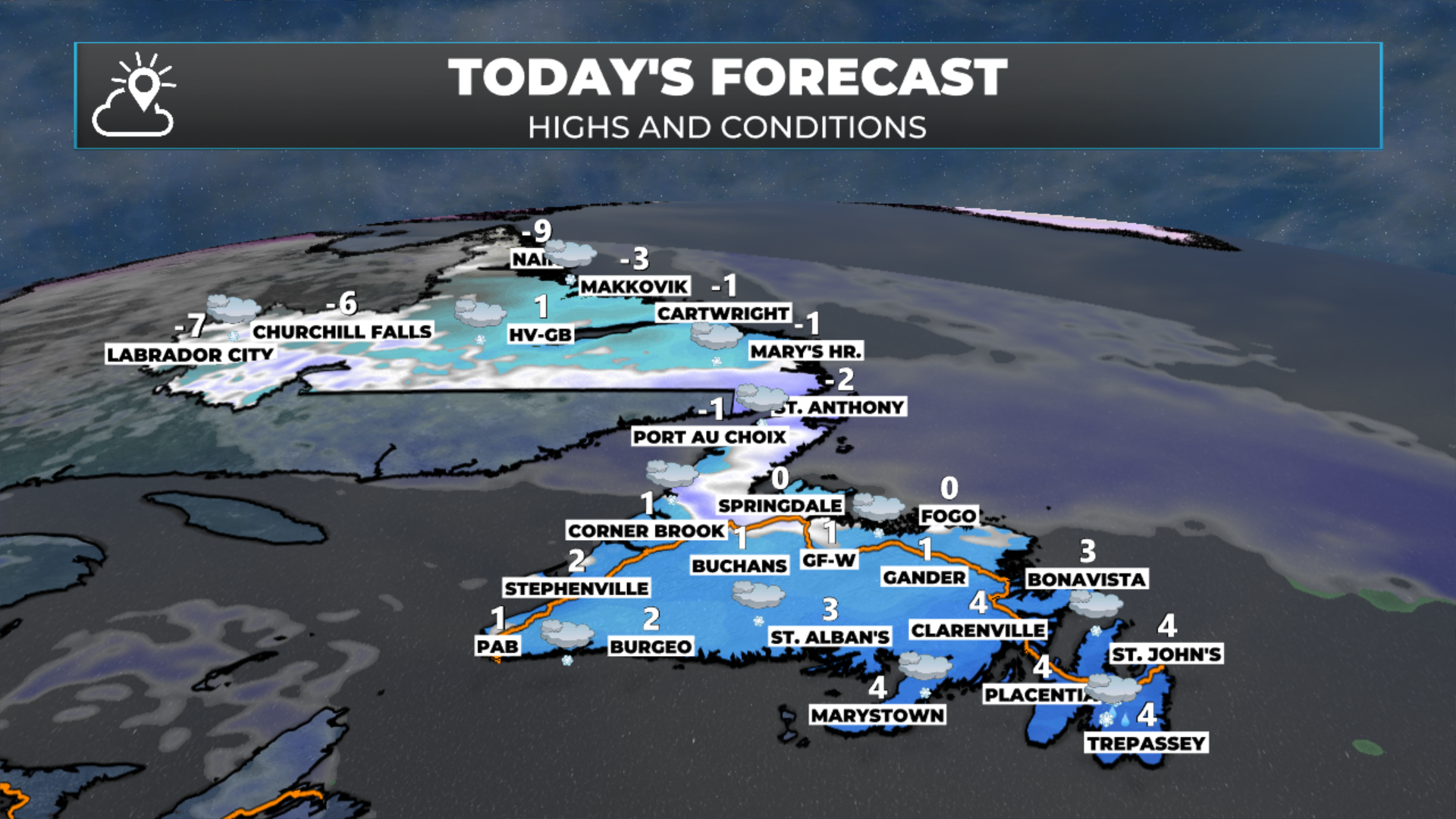 The forecast for NL for today, February 26, 2026. Highs reach the single digits on the Island and single digits near to below freezing in Labrador.