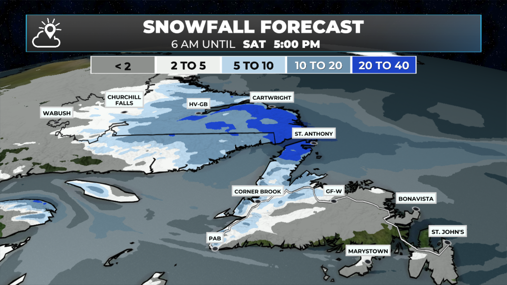 Snowfall expected to fall between 6 AM this morning and 5 PM Saturday evening (Feb 20 - 21, 2026)