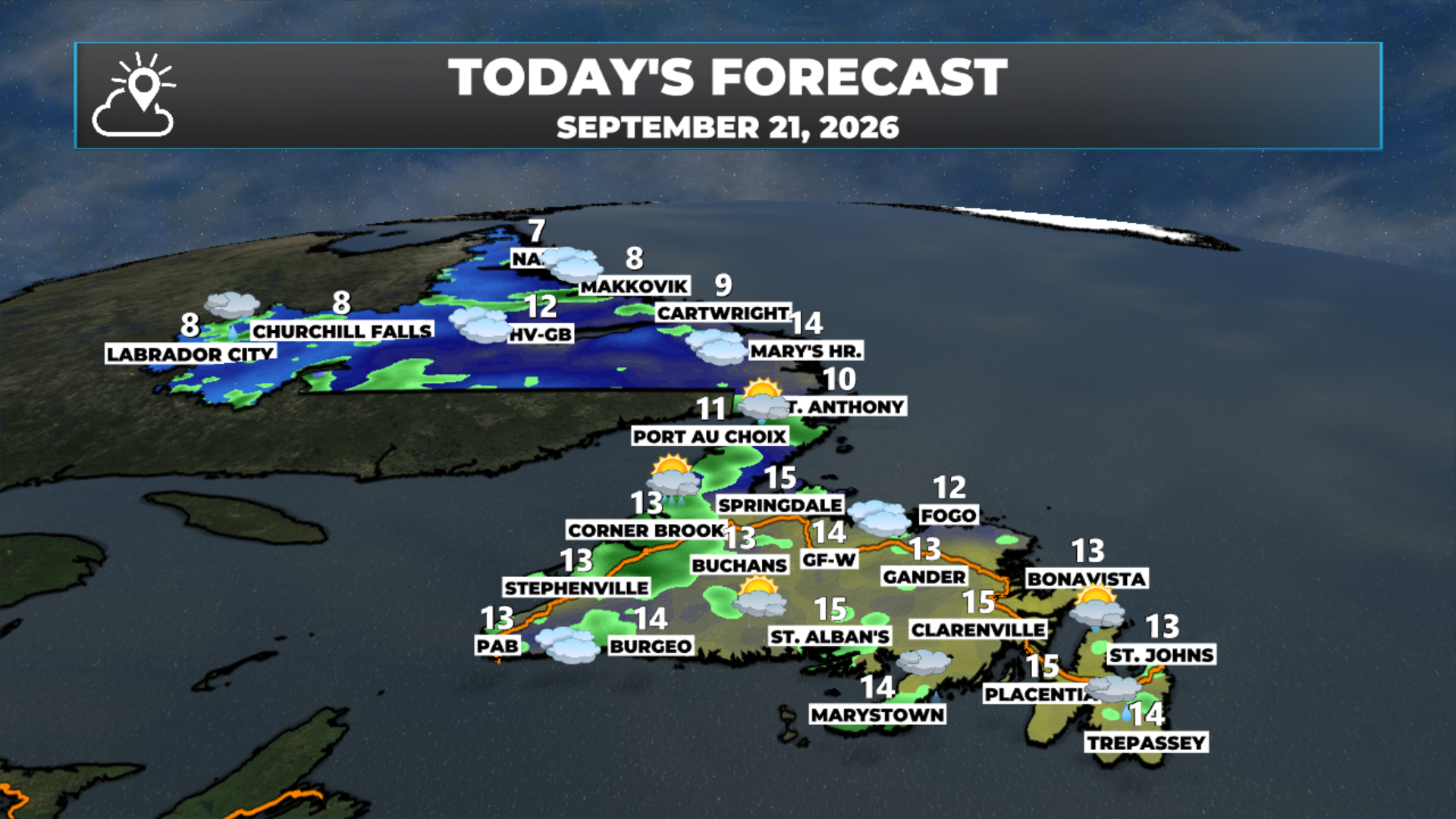 NL’s high temperatures and conditions for today (September 21, 2026).