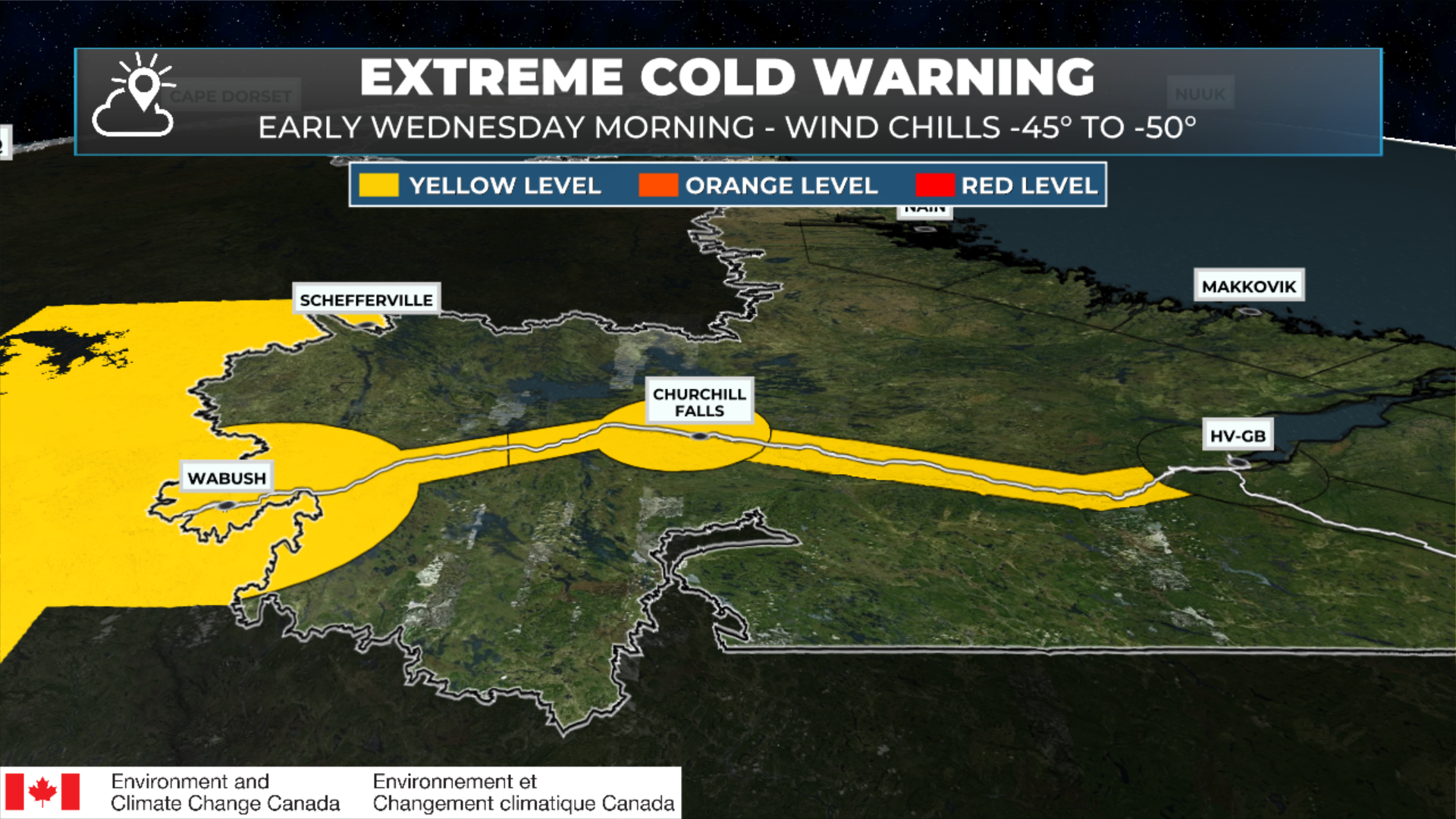 Yellow Level Extreme Cold Warning in effect for parts of Labrador via ECCC NL.