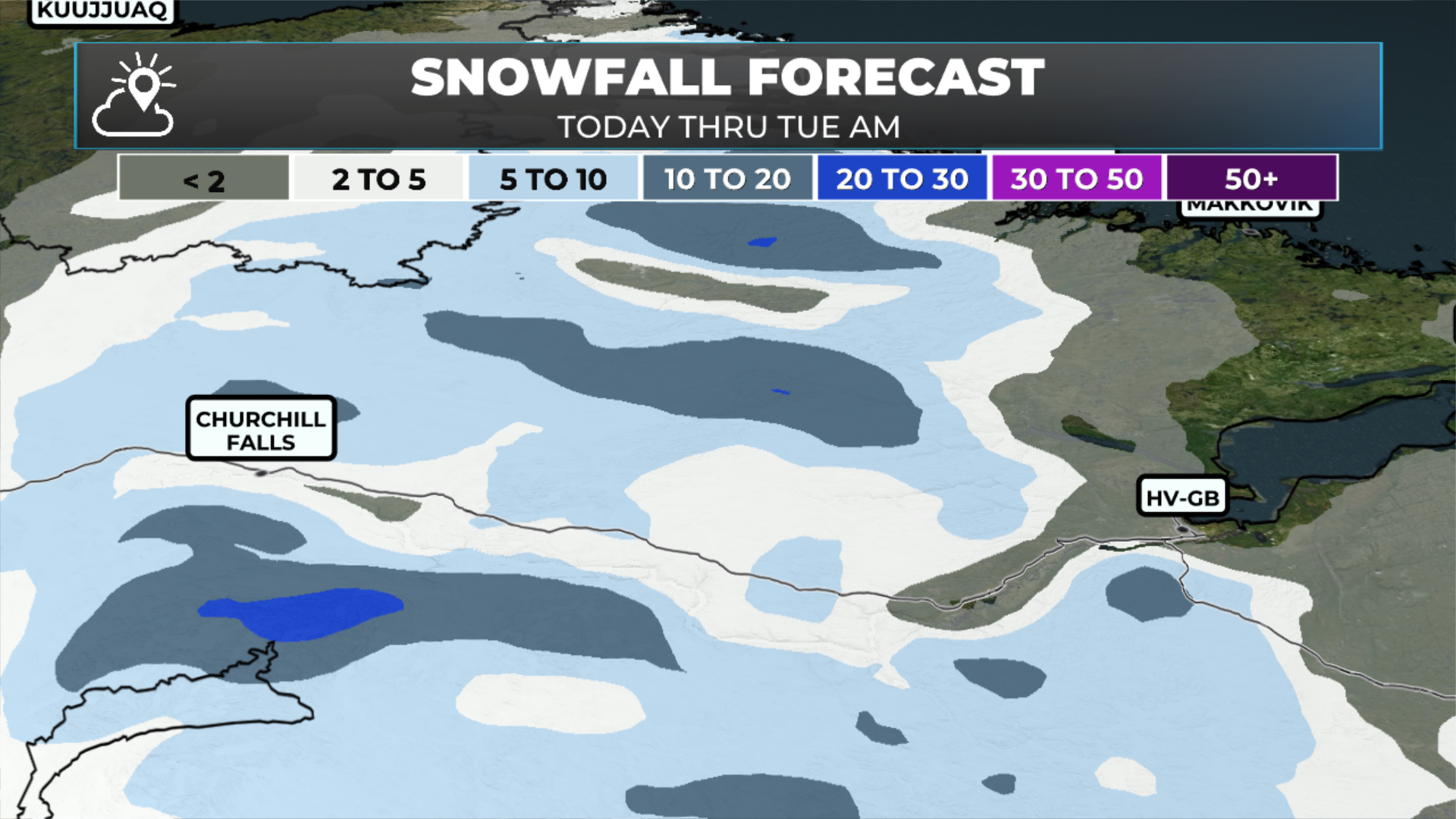 The snowfall forecast shows a rough 5 to 10 cm between Goose Bay and Churchill Falls today into Tuesday.