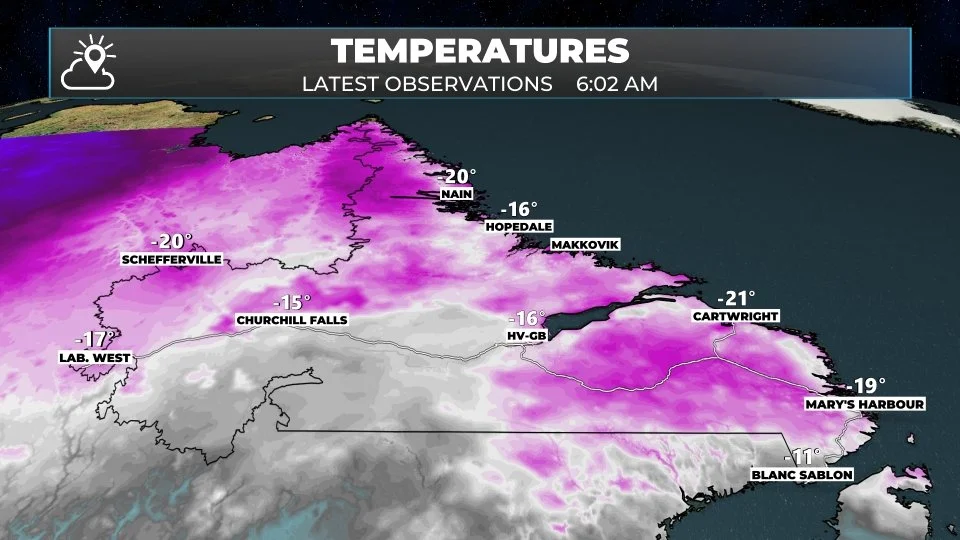 Labrador’s temperatures as of 6:02 NST (5:32 AM AST) on February 5, 2026