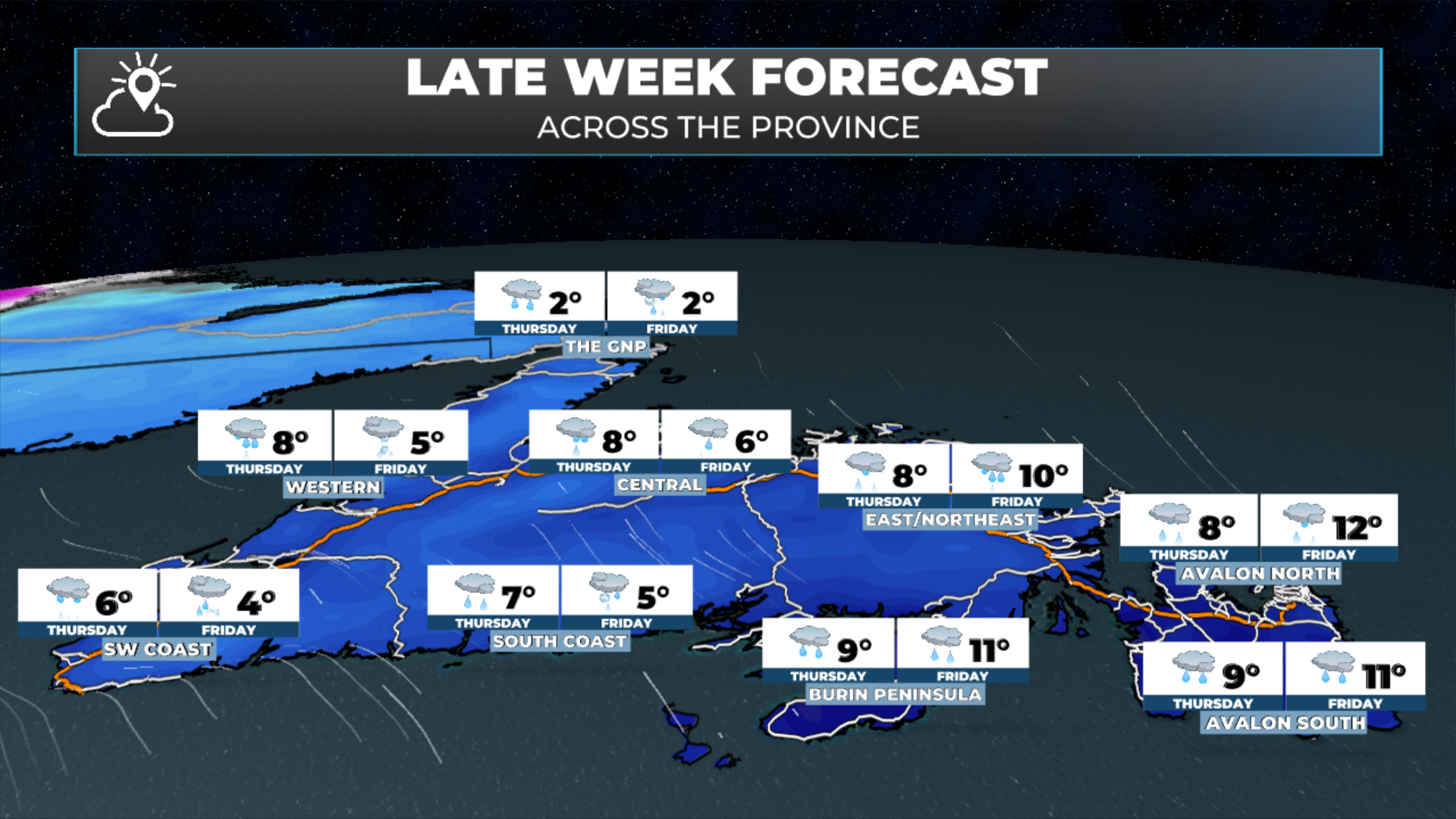 The two day forecast for Newfoundland.