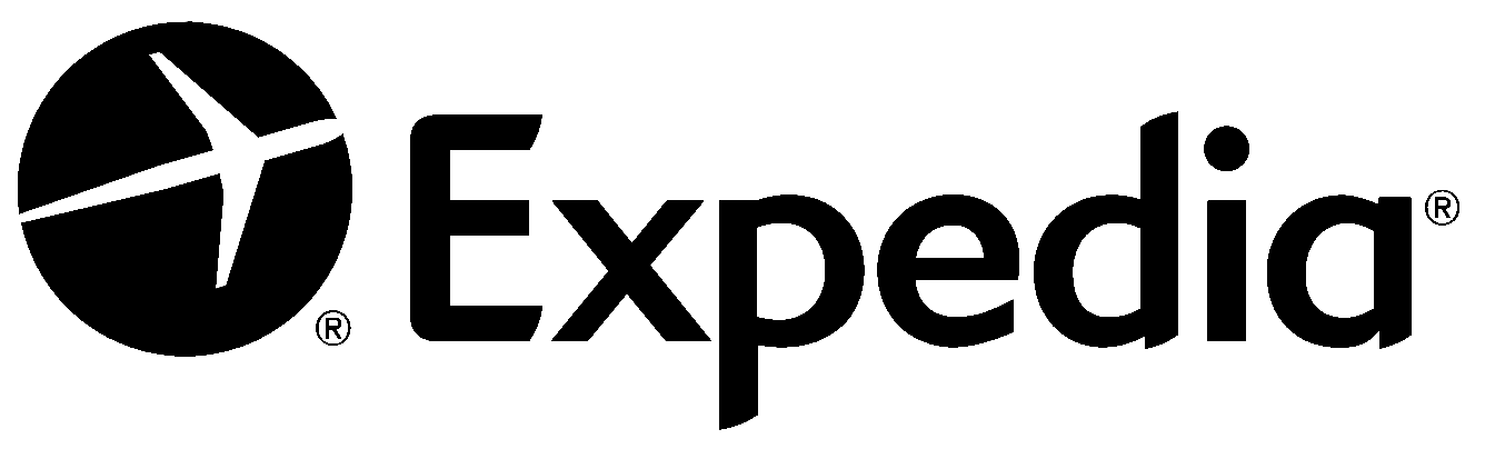 The Expedia logo featuring a stylized airplane inside a black circle to the left of the company name in bold black letters.