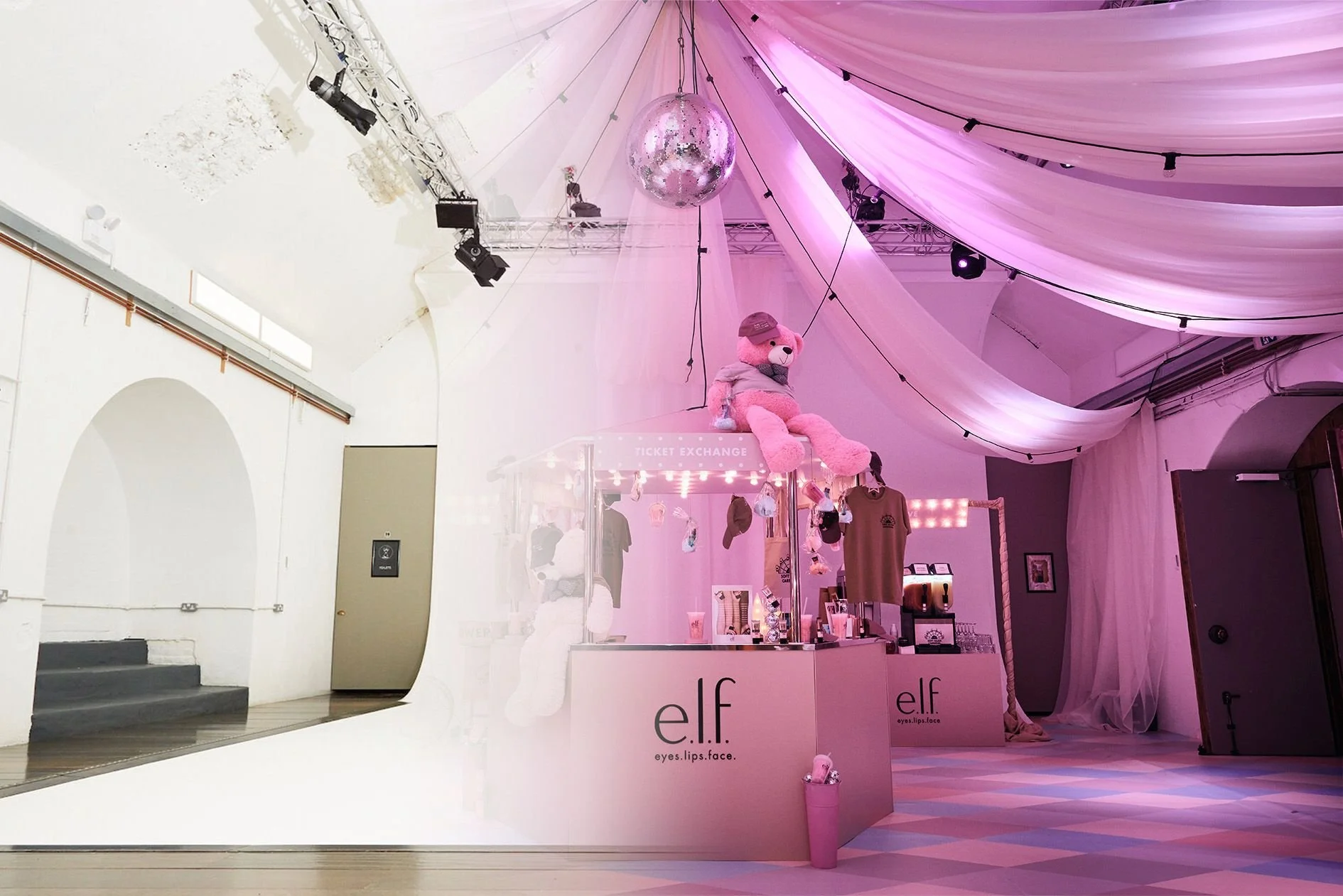 Inside a retail space with pink lighting and drapery, featuring a display counter with e.l.f. cosmetics, hanging hats and plush toys, and a disco ball overhead.