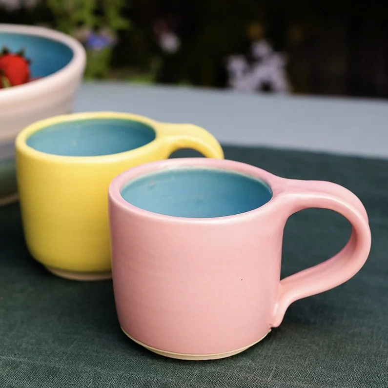 Modern Mug - White, Pink, and Yellow with Turquoise Interior