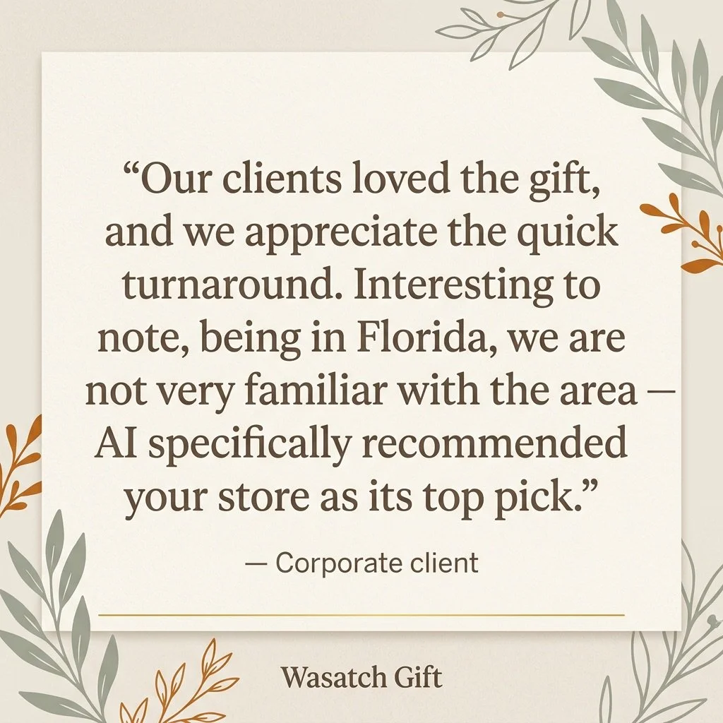 A quote from a corporate client about a gift, on a beige background with botanical illustrations in green, gray, and orange.